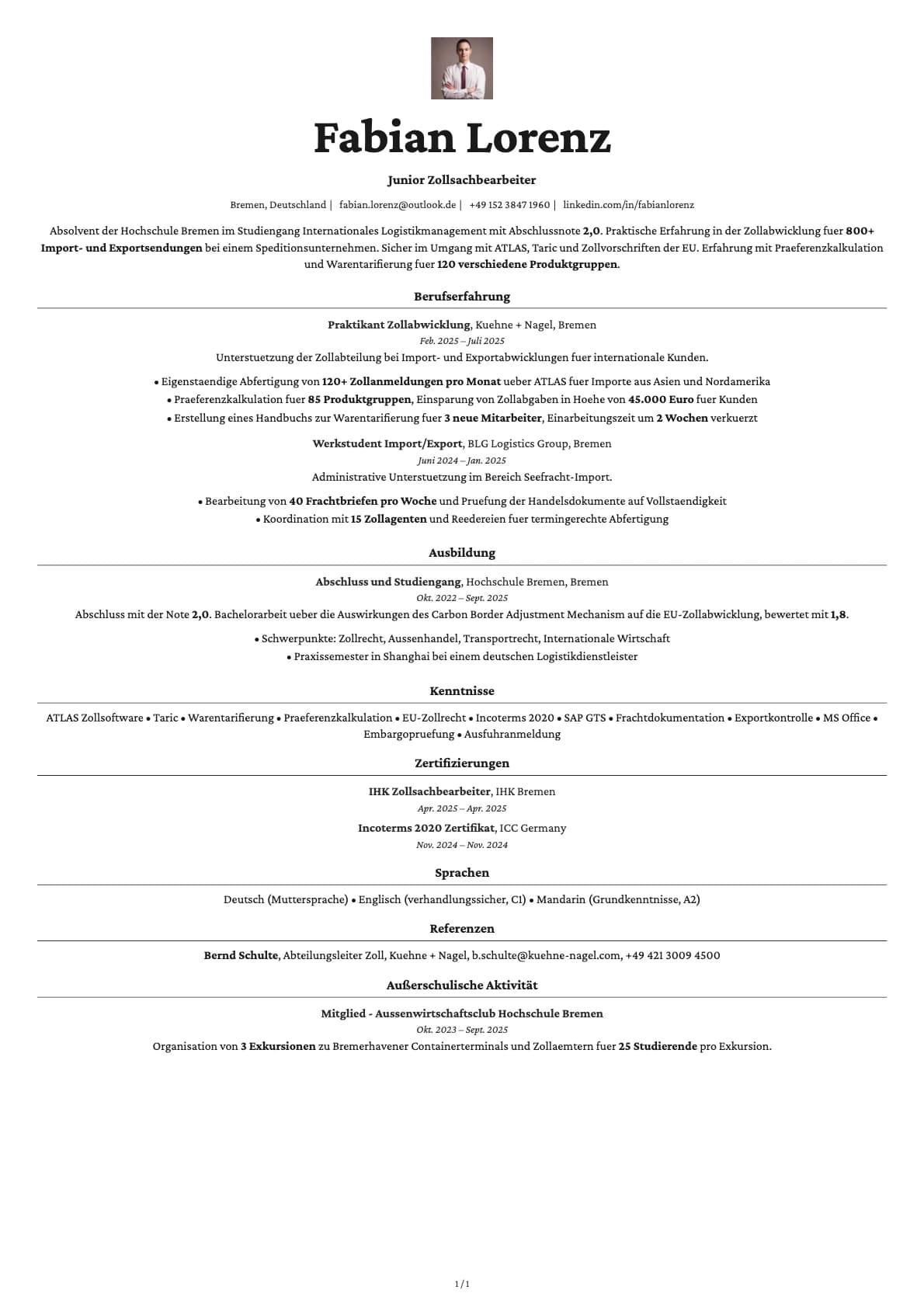 Junior Zollsachbearbeiter resume example