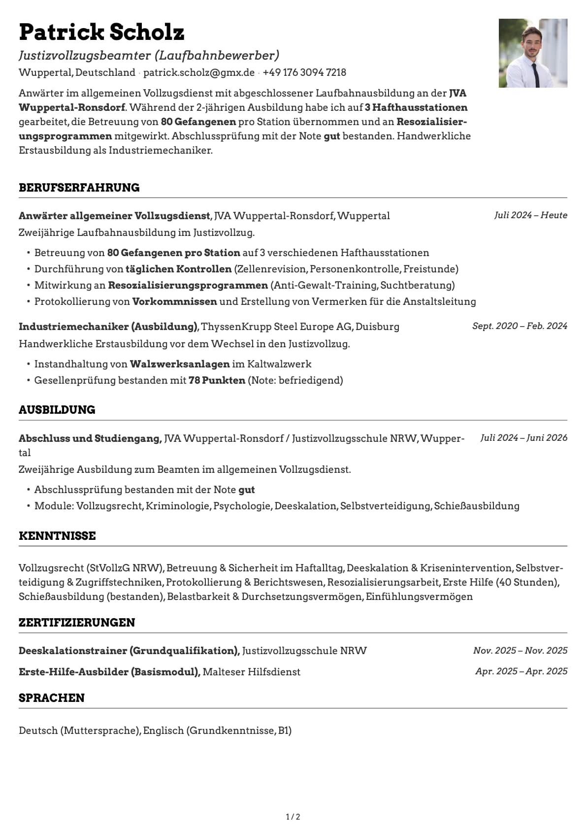 Justizvollzugsbeamter resume example