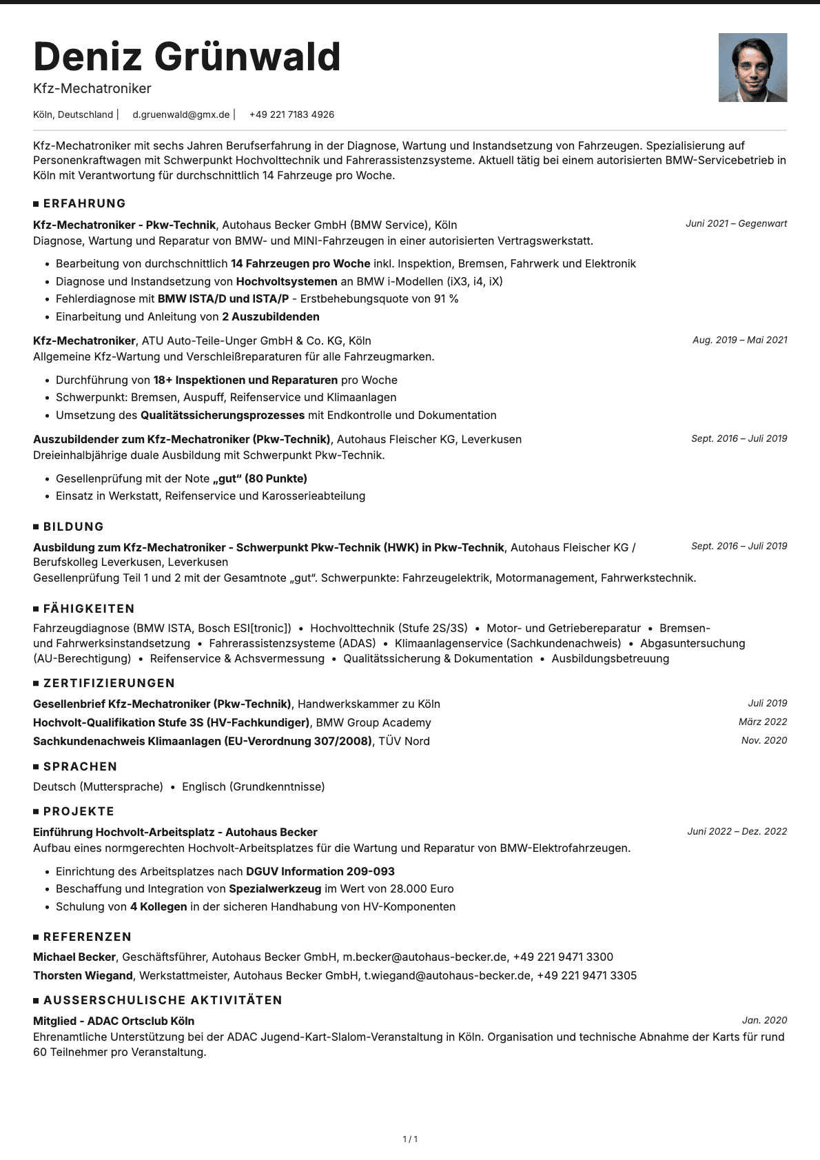 Kfz-Mechatroniker resume example