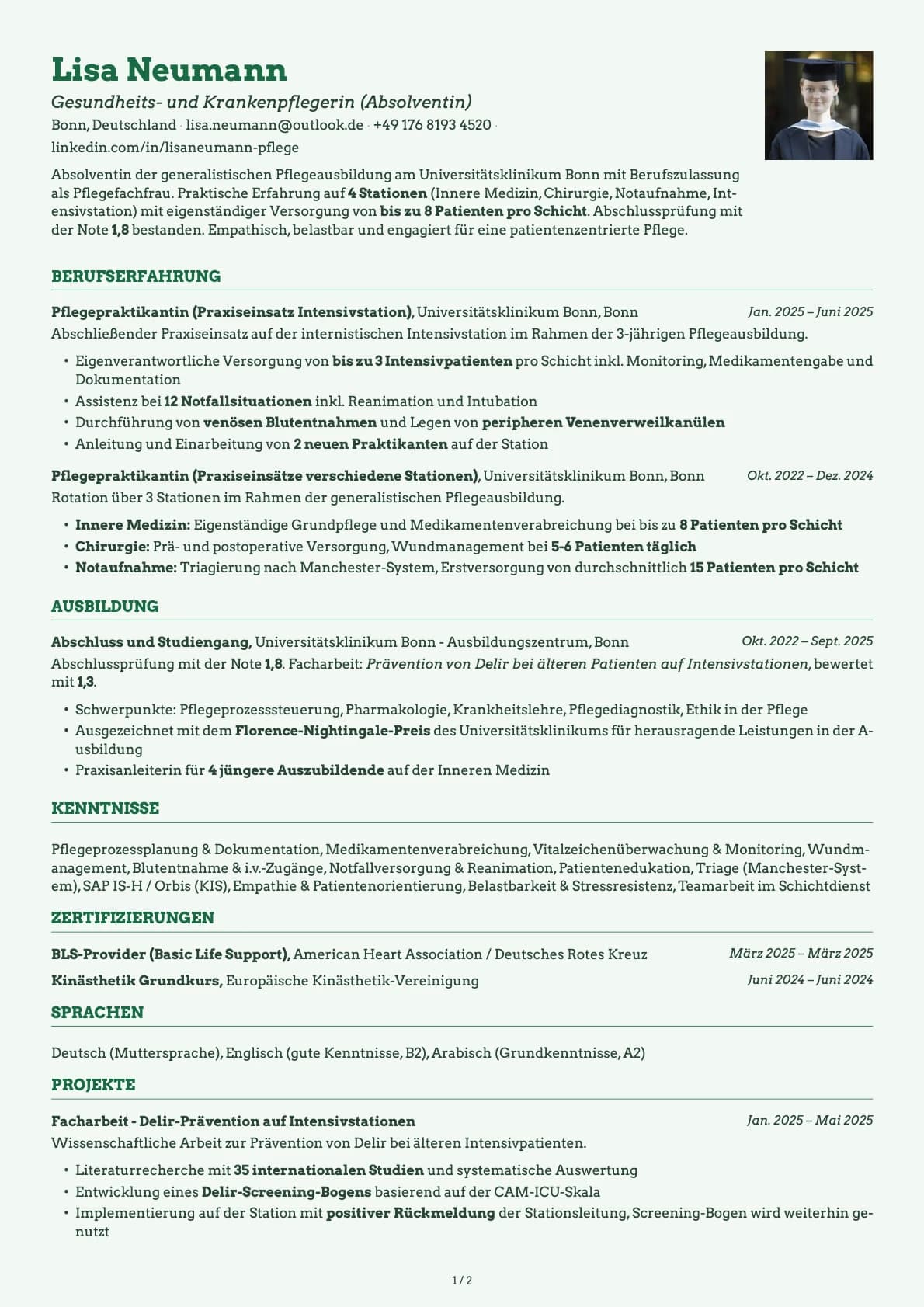 Krankenpfleger Absolvent resume example