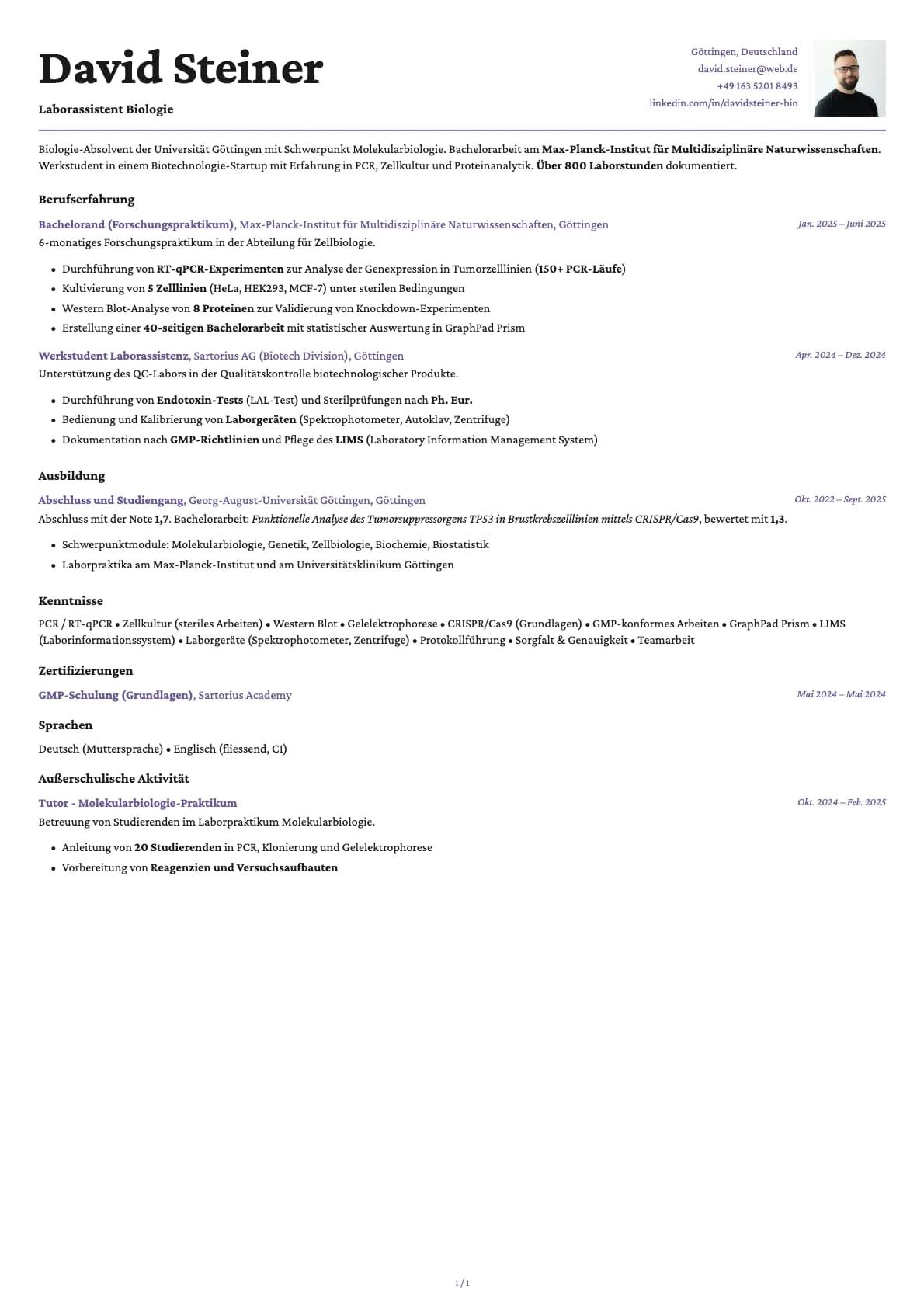 Laborassistent Biologie resume example