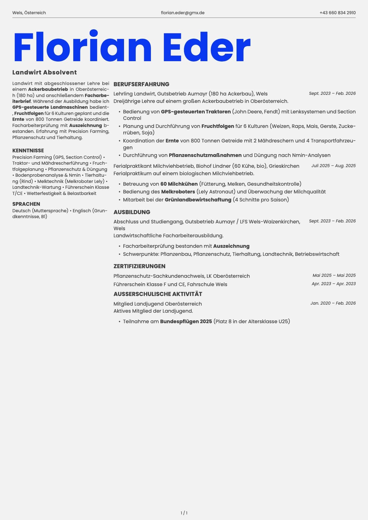 Landwirt Absolvent resume example
