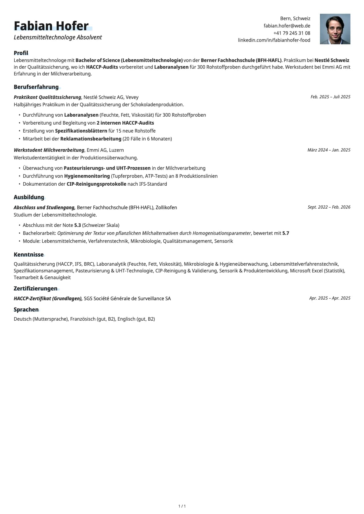 Lebensmitteltechnologe Absolvent resume example