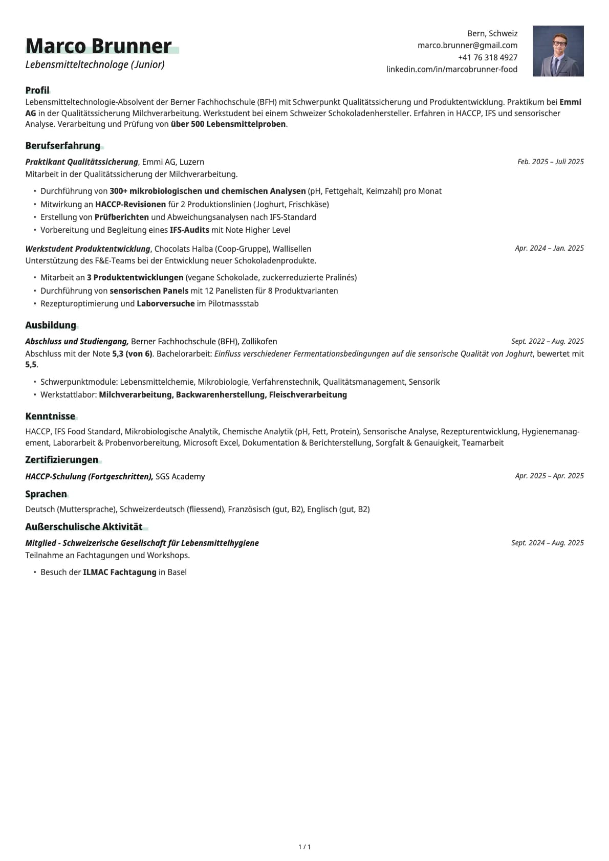 Lebensmitteltechnologe (Junior) resume example