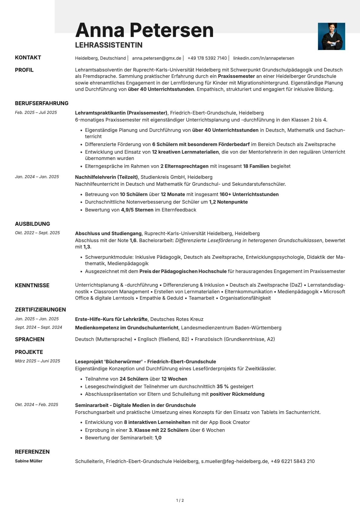 Lehrassistent resume example