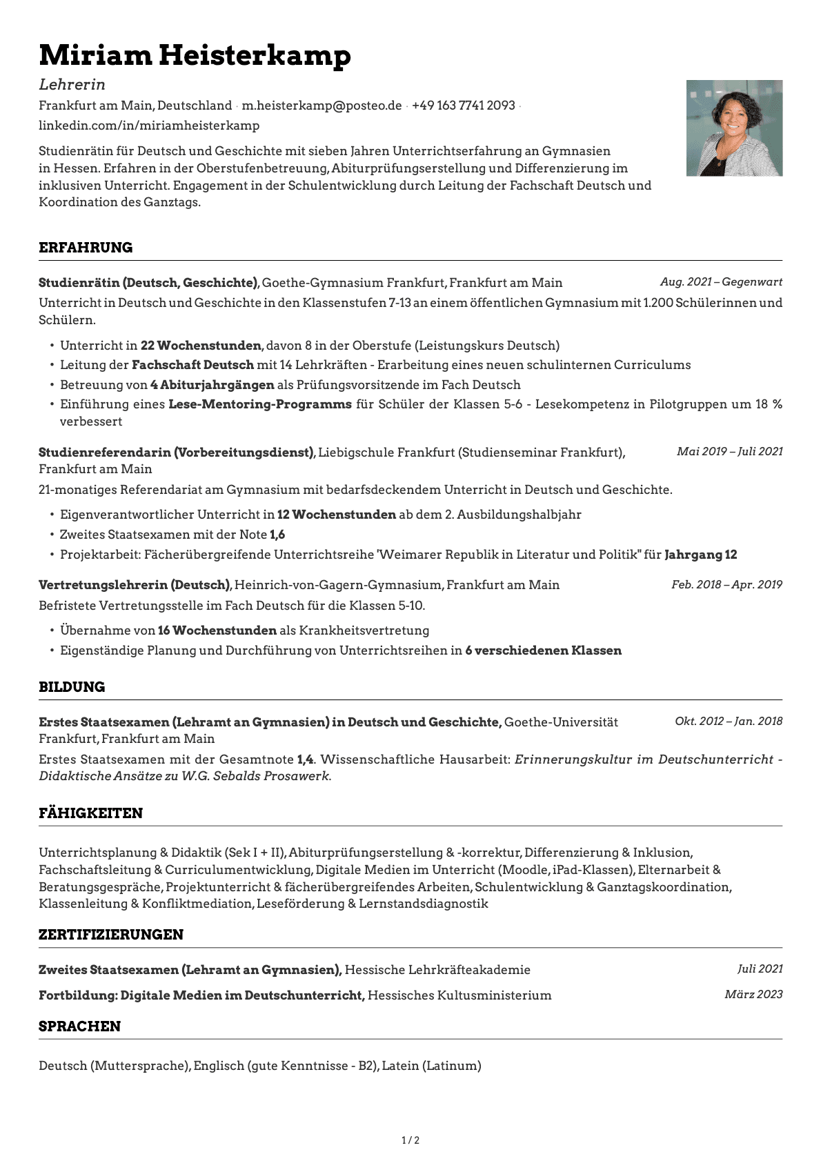 Lehrer resume example