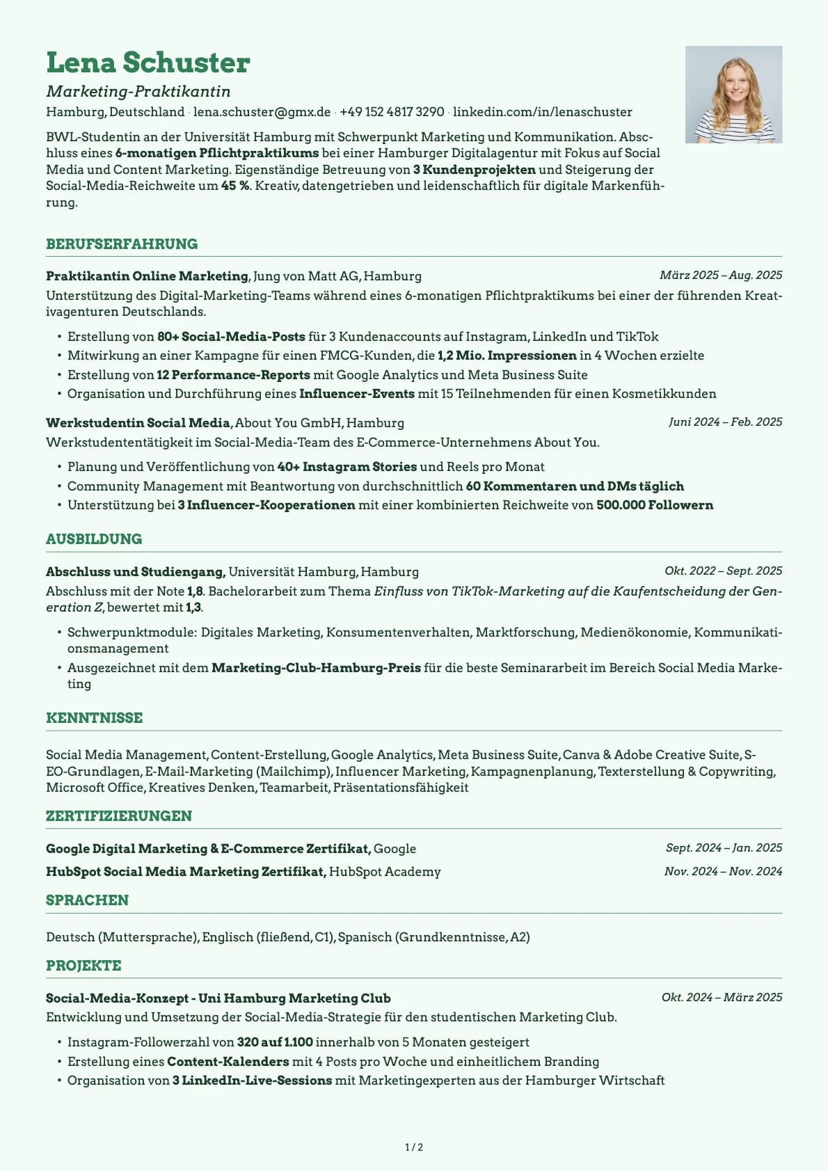 Marketing Praktikant resume example