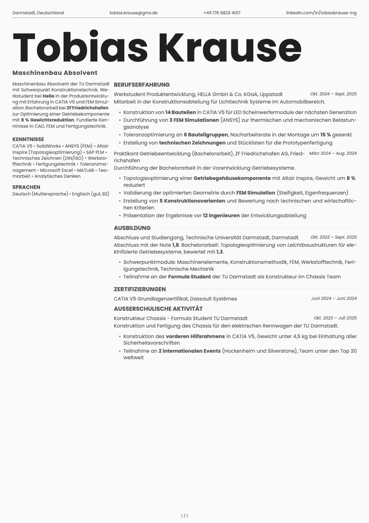 Maschinenbau Absolvent resume example