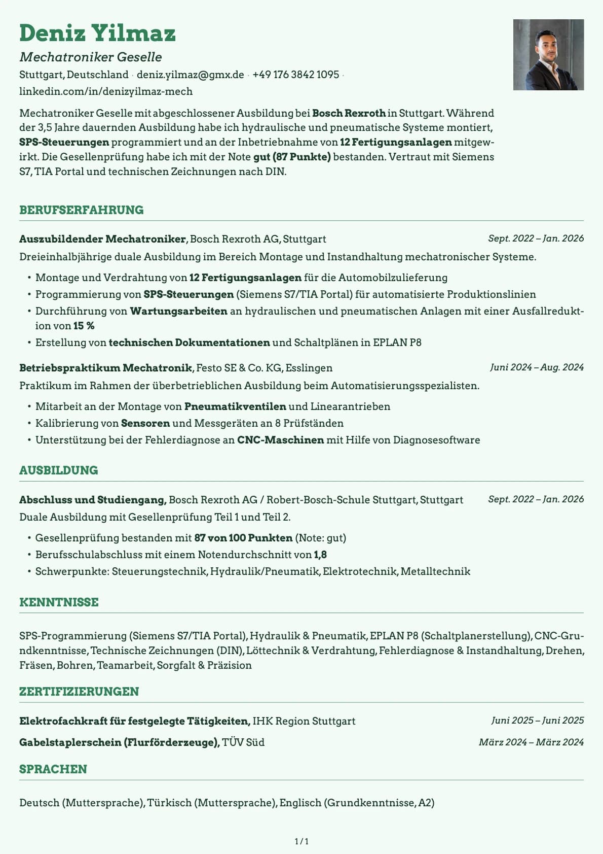 Mechatroniker Geselle resume example