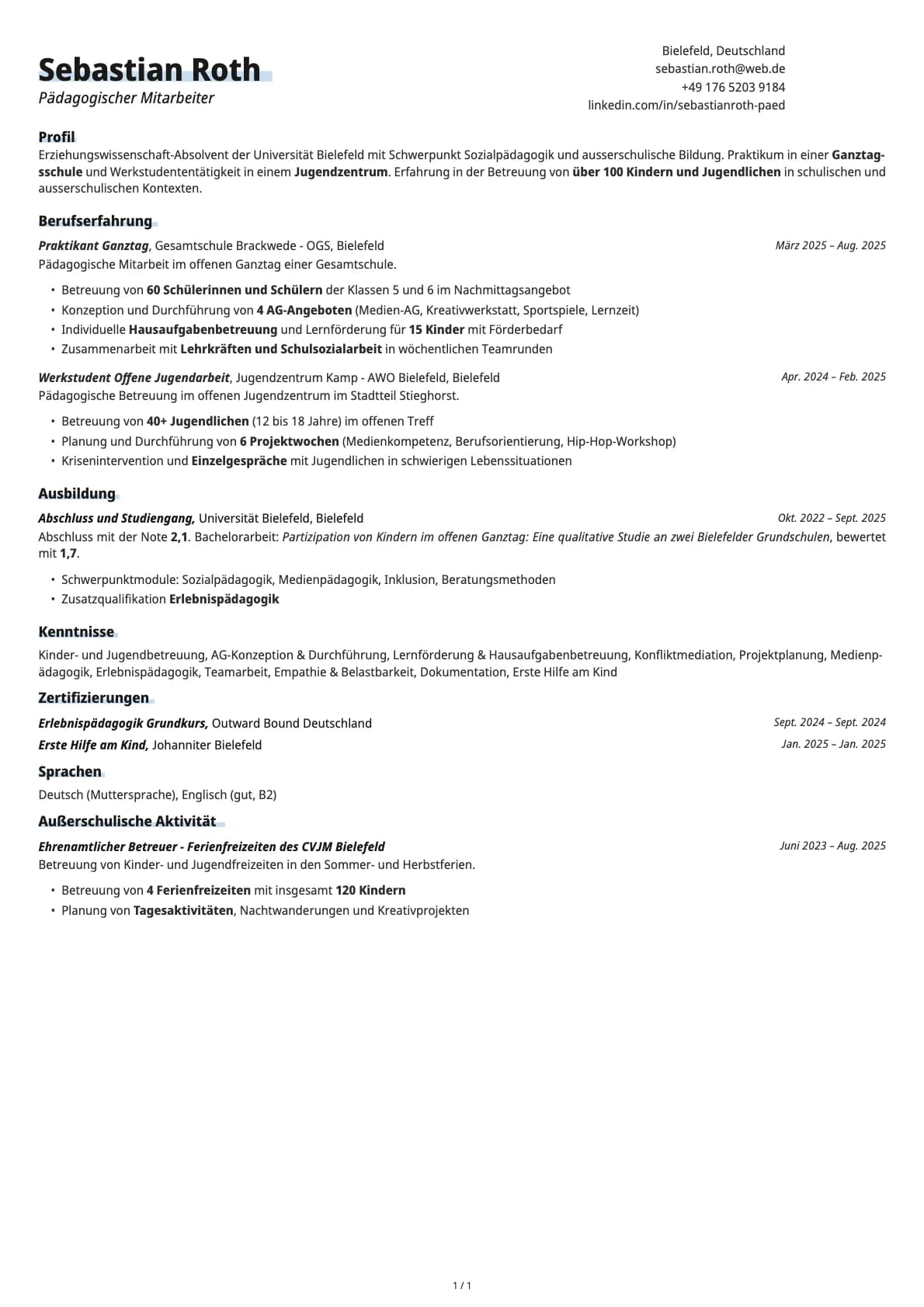 Pädagogischer Mitarbeiter resume example