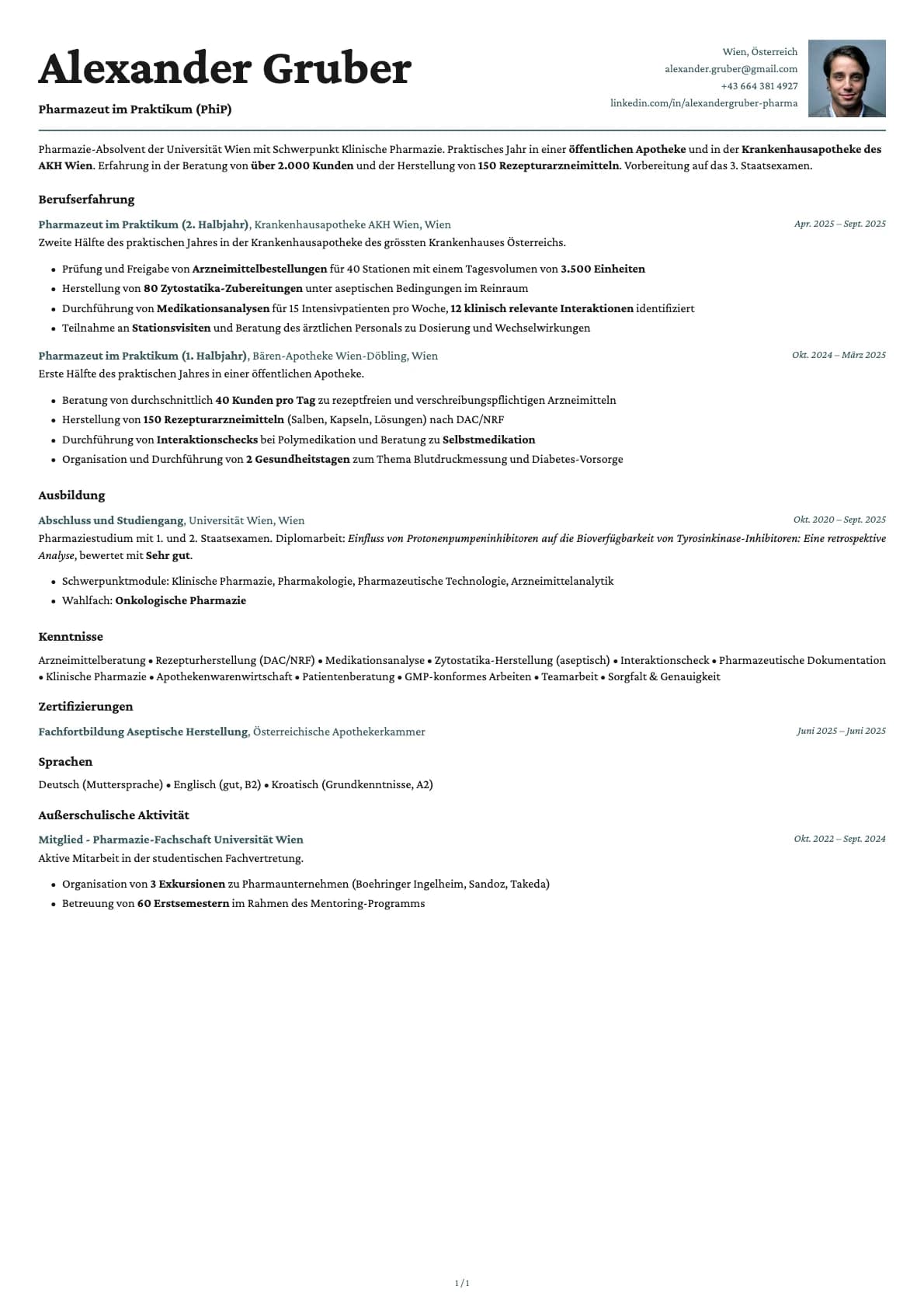 Pharmazeut im Praktikum (PhiP) resume example
