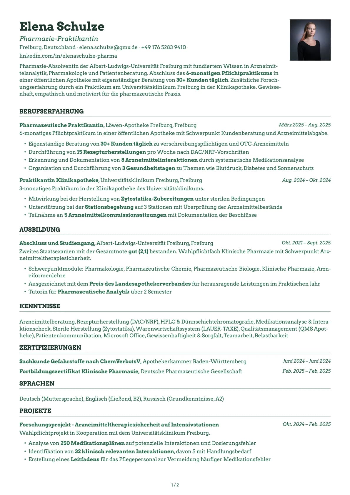 Pharmazie Praktikant resume example