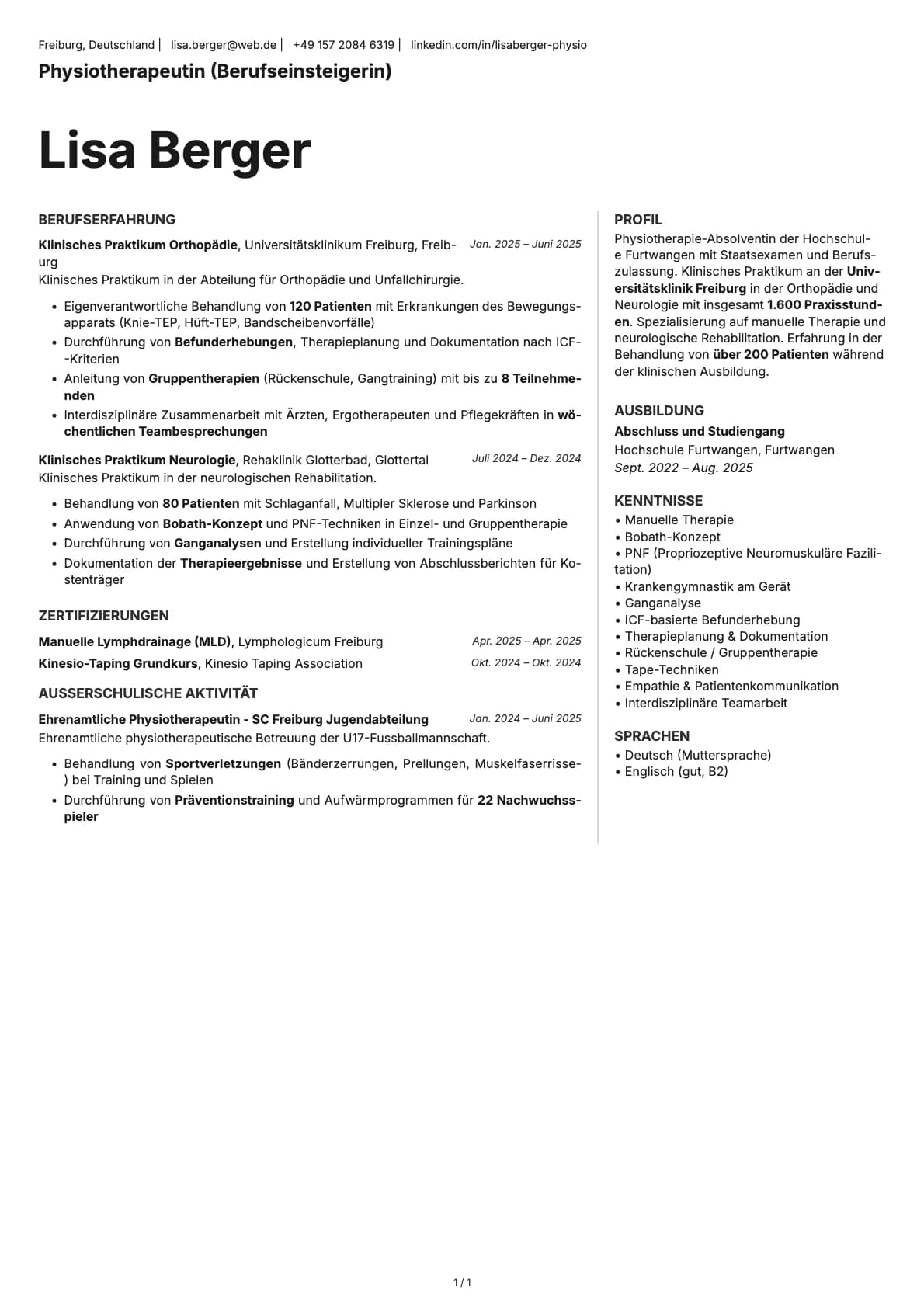 Physiotherapeutin (Berufseinsteigerin) resume example