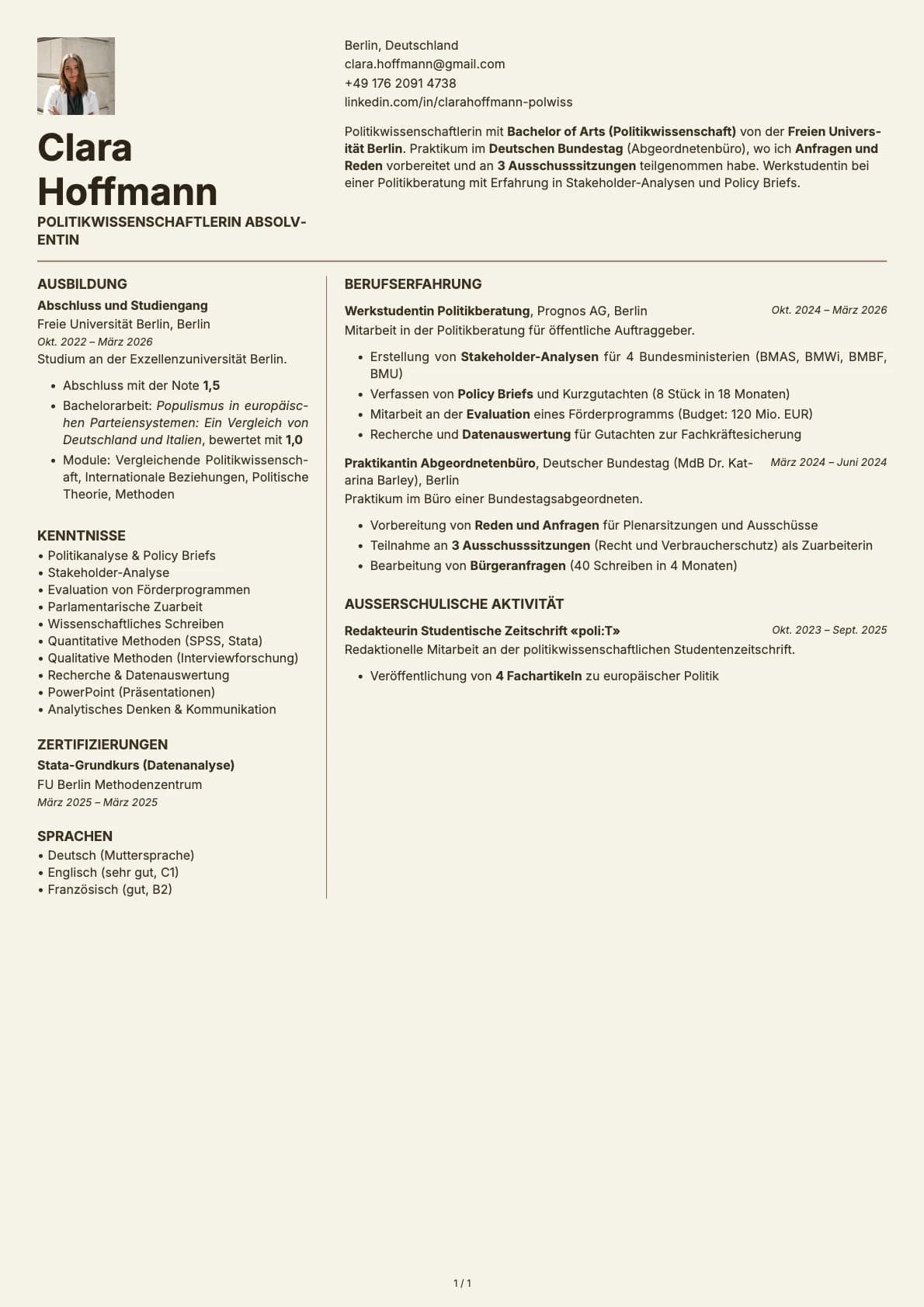 Politikwissenschaftler Absolvent resume example