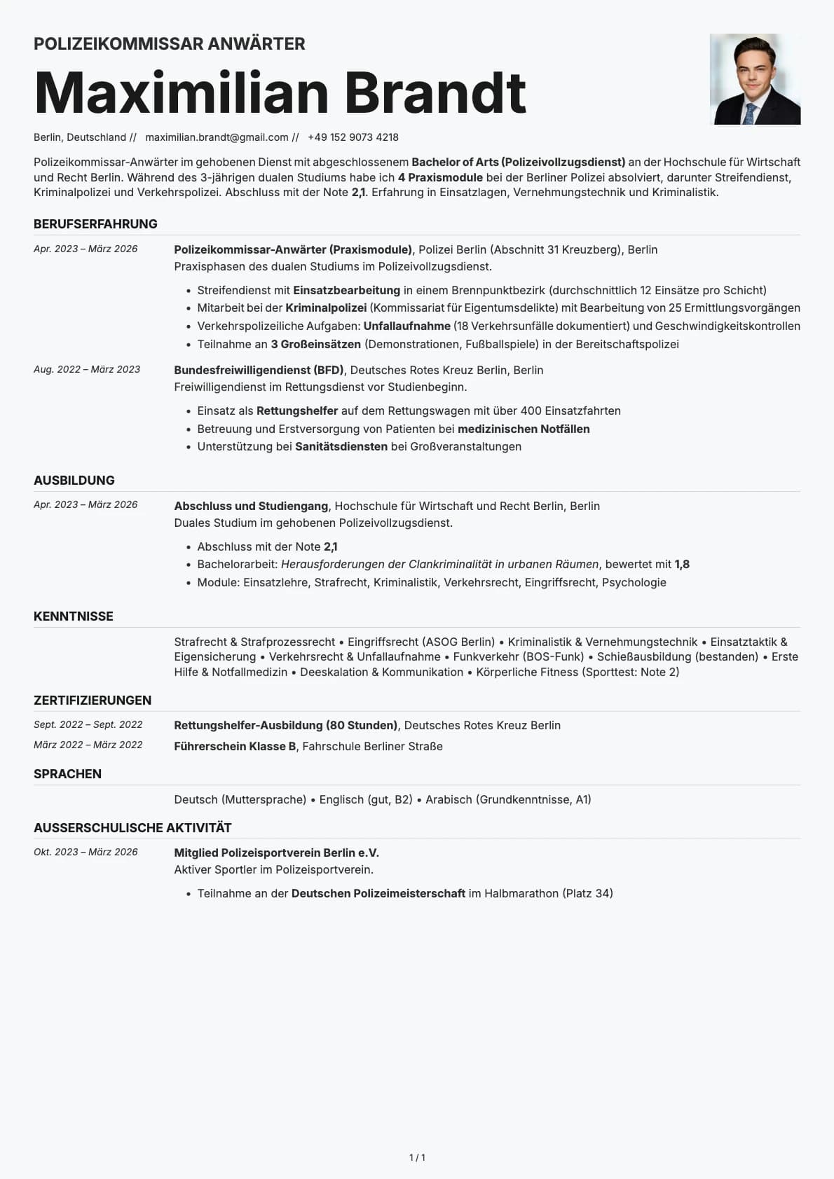 Polizeikommissar Anwärter resume example