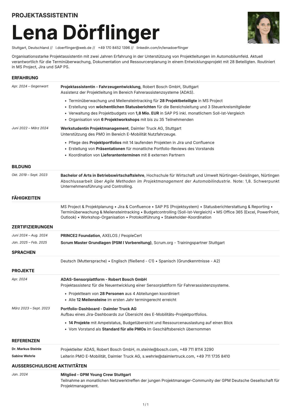 Projektassistent resume example