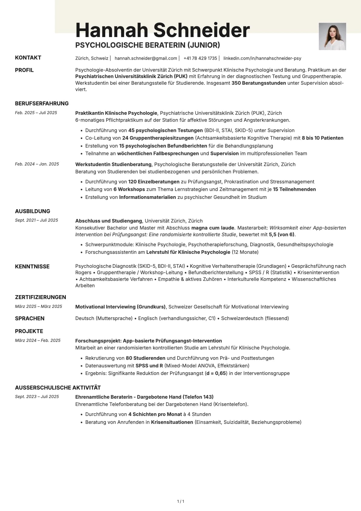 Psychologische Beraterin (Junior) resume example