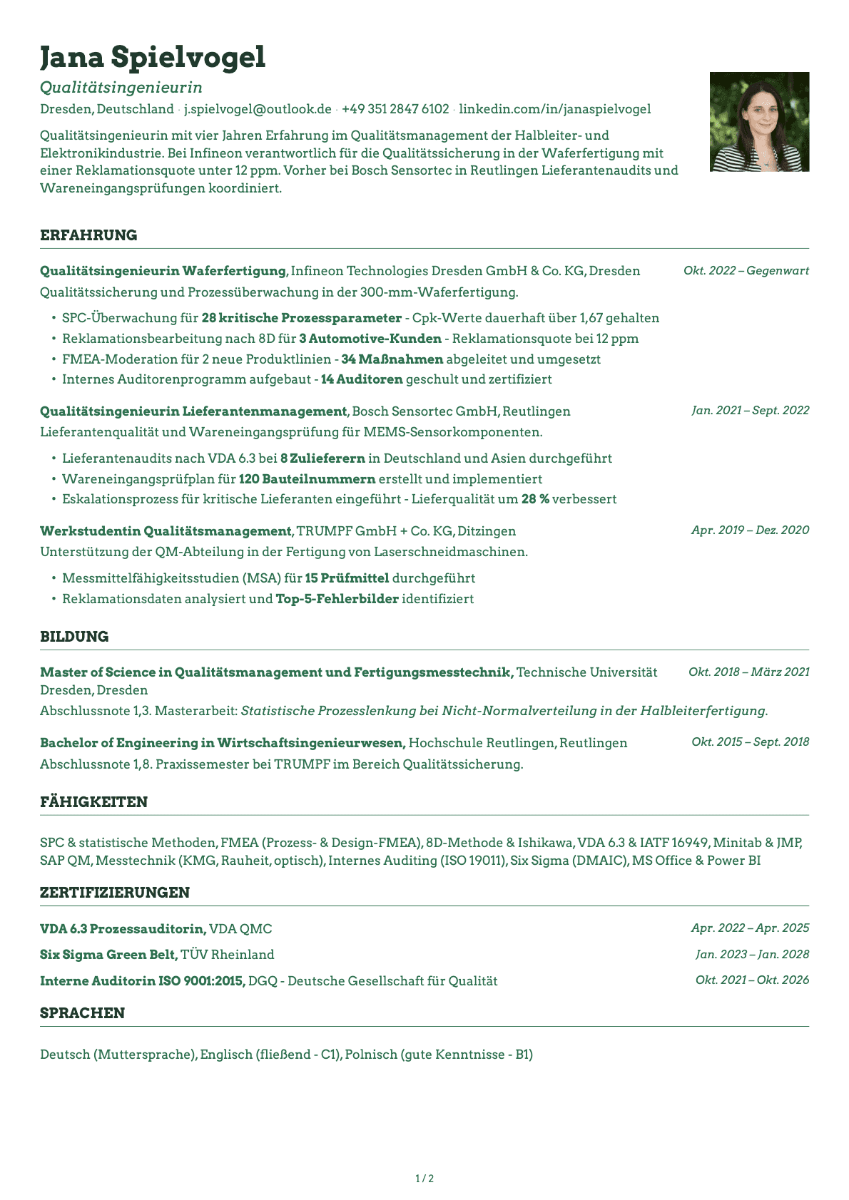 Qualitaetsingenieur resume example