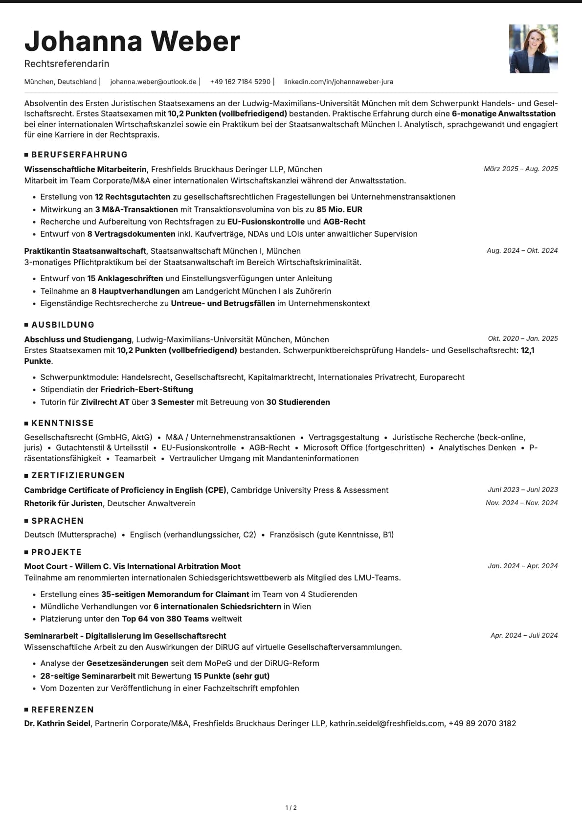 Rechtsreferendar resume example