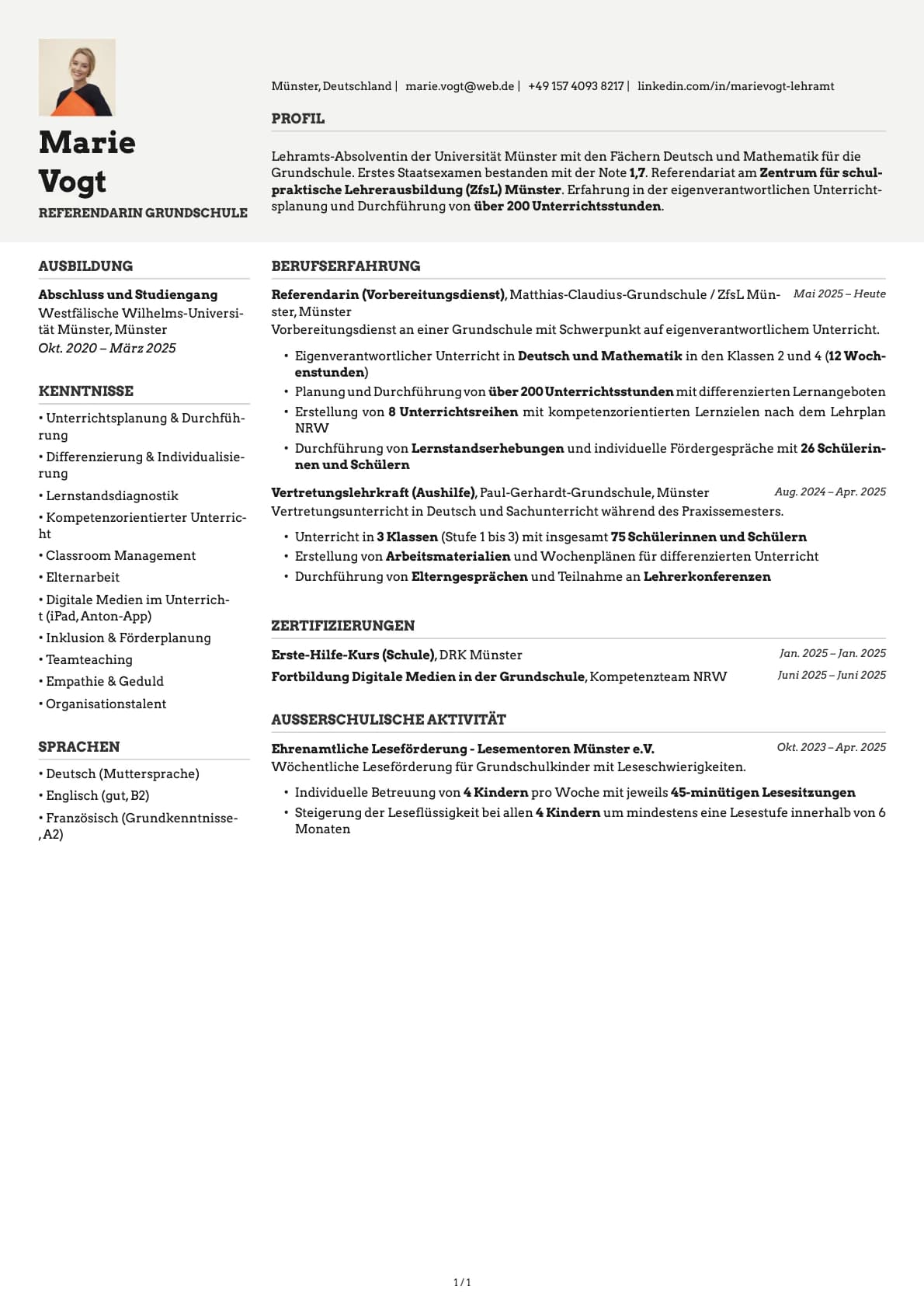Referendarin Grundschule resume example
