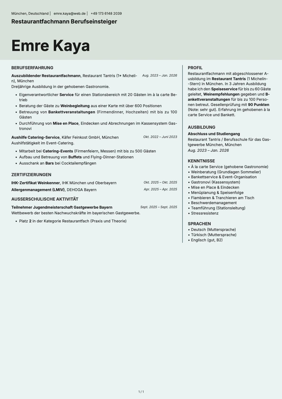 Restaurantfachmann Berufseinsteiger resume example