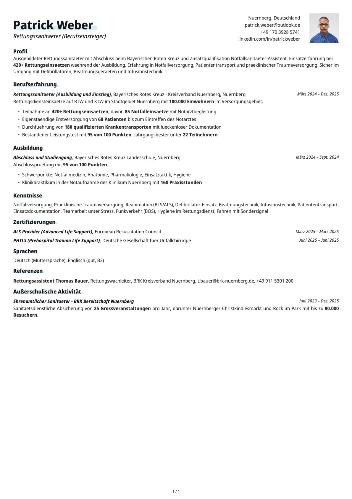 Rettungssanitaeter (Berufseinsteiger) resume example