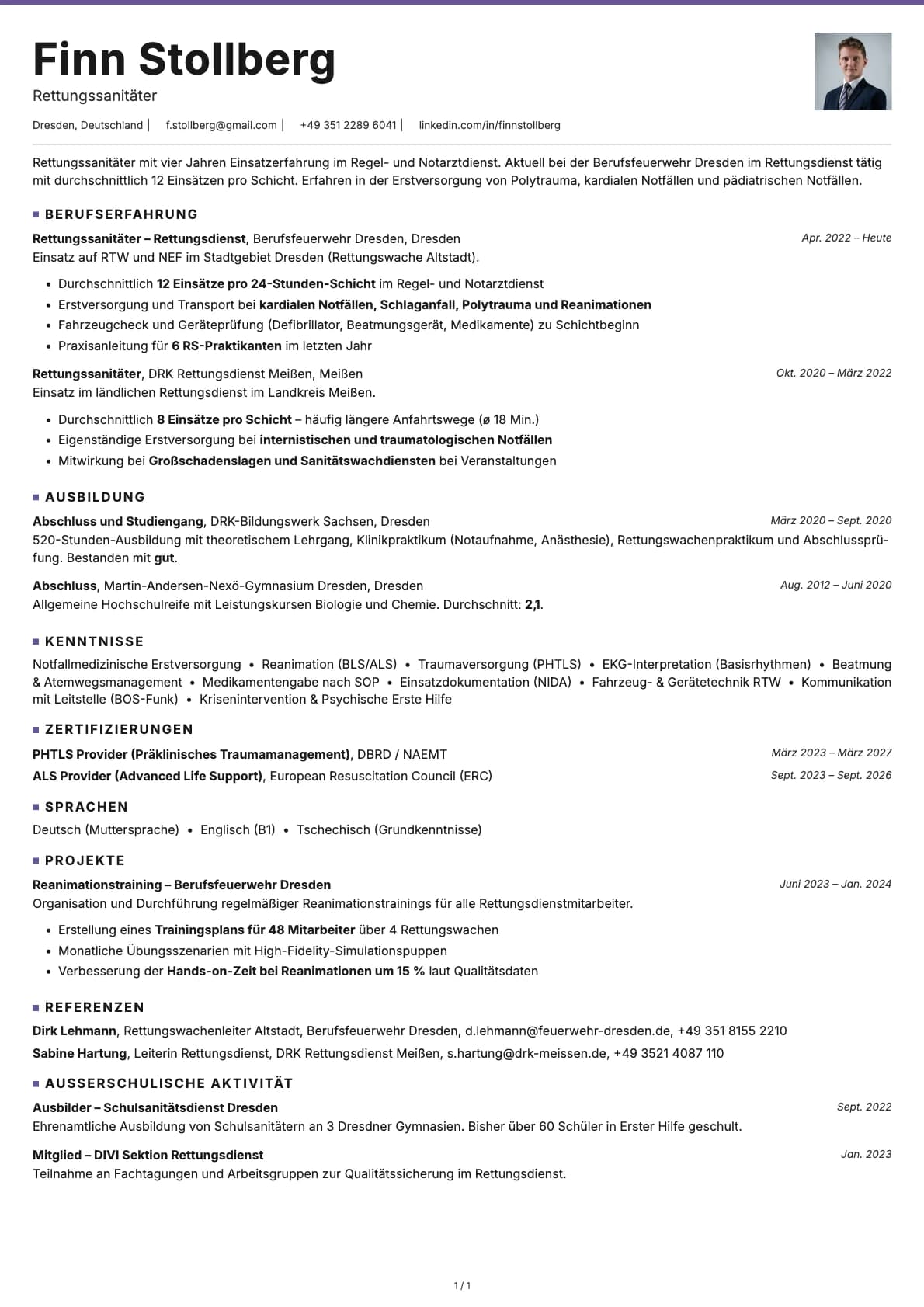 Rettungssanitaeter resume example