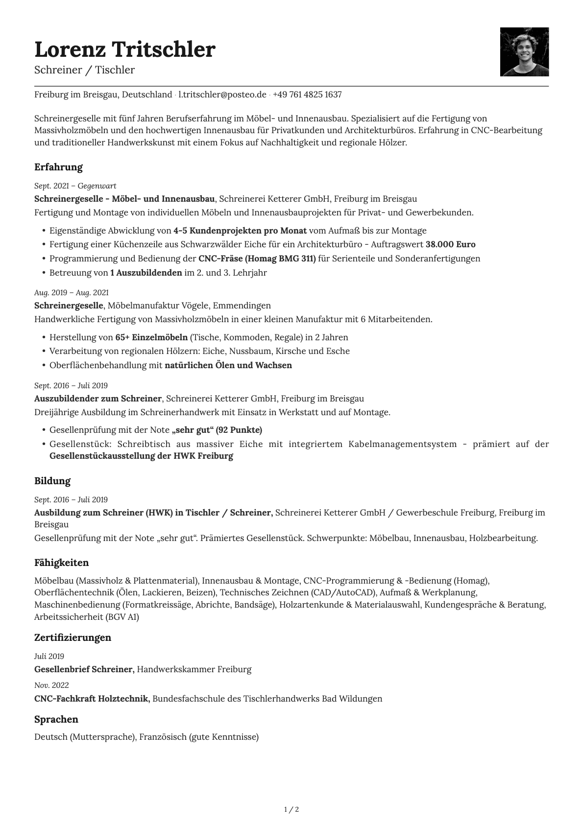 Schreiner / Tischler resume example