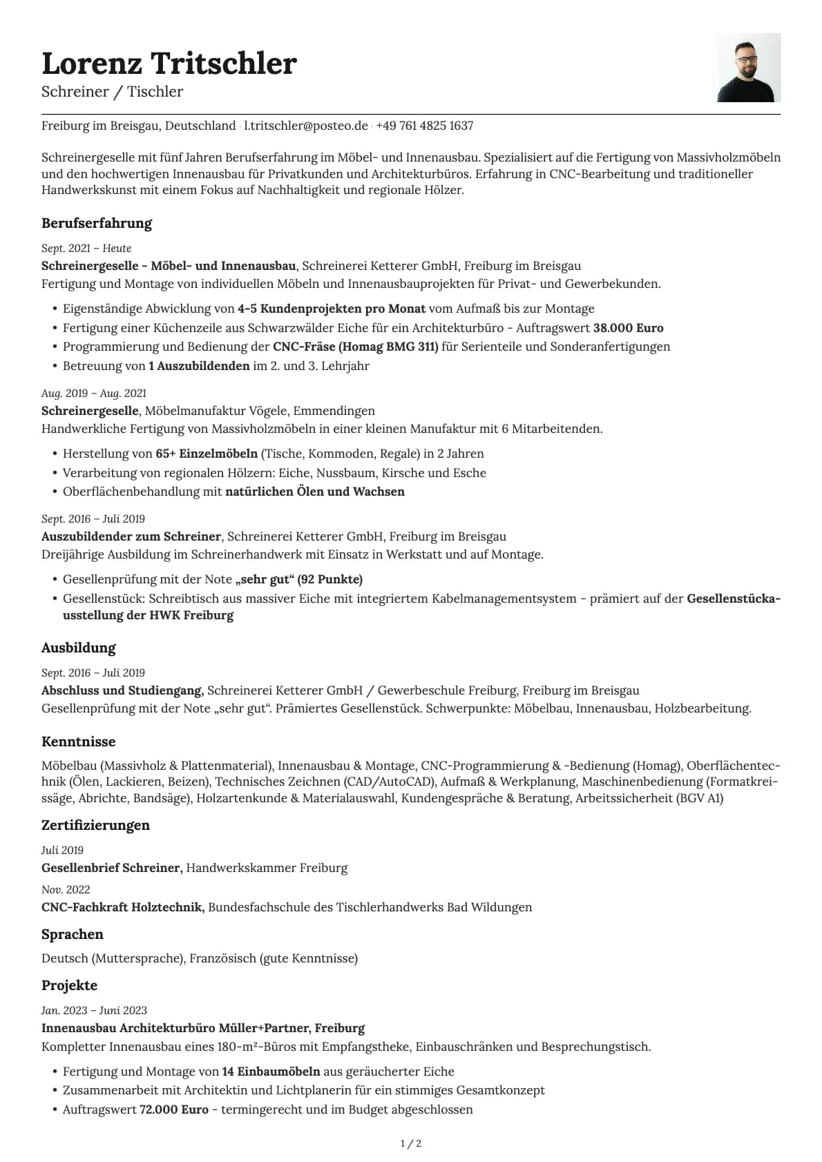 Schreiner / Tischler resume example