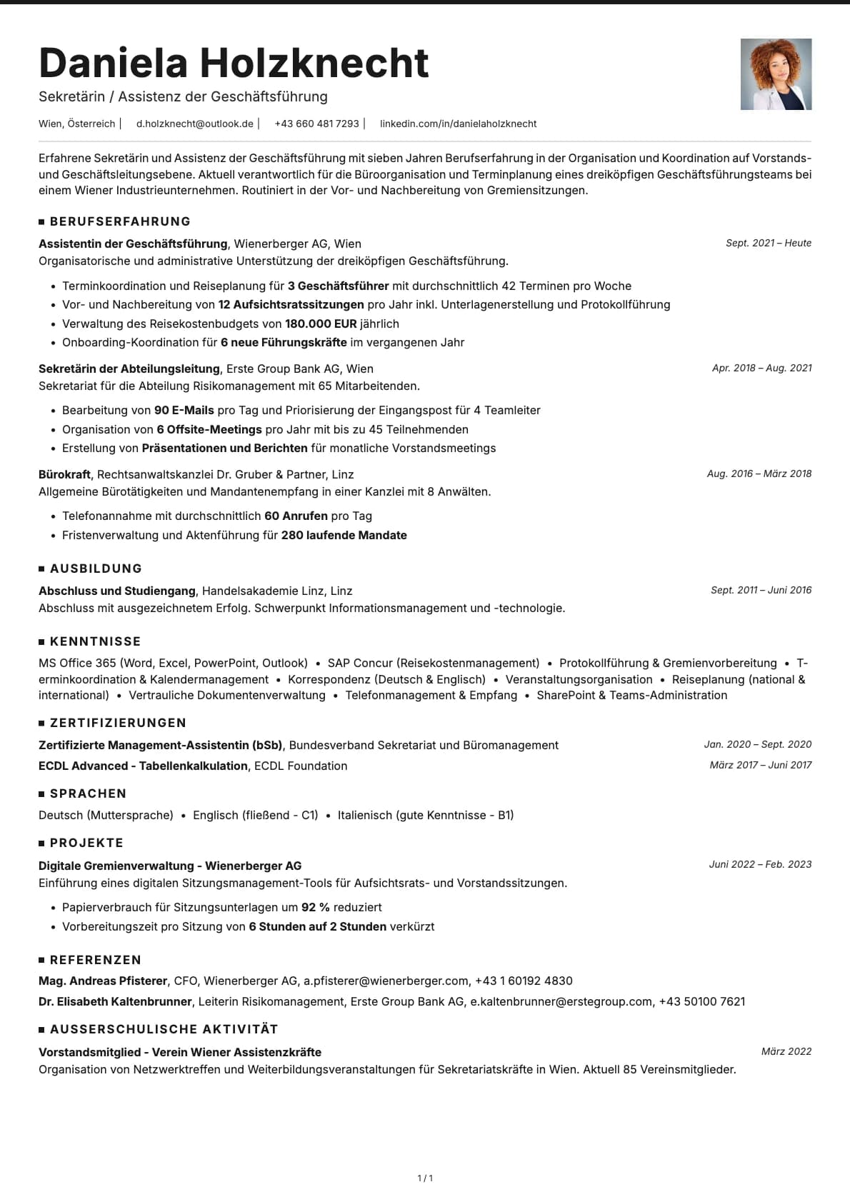 Sekretaerin / Assistenz der Geschaeftsfuehrung resume example