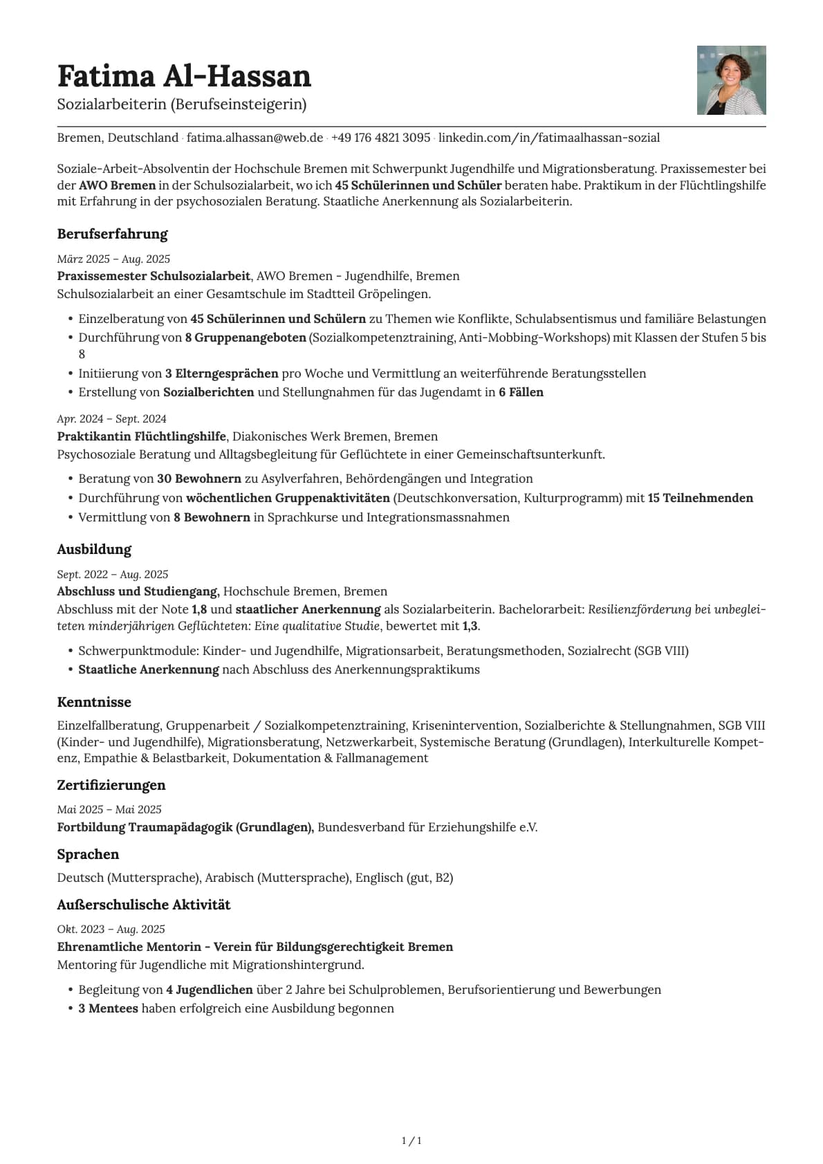 Sozialarbeiterin (Berufseinsteigerin) resume example