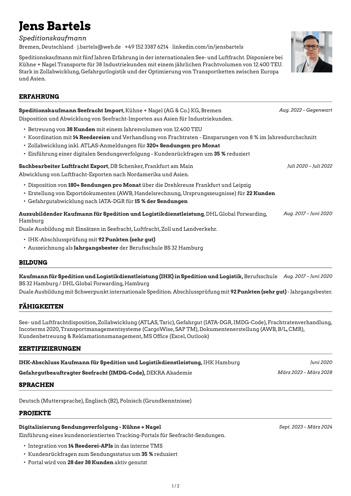 Speditionskaufmann resume example