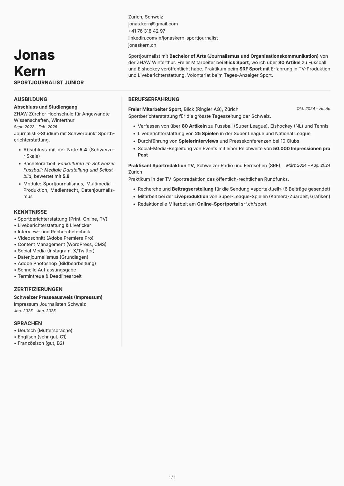 Sportjournalist Junior resume example