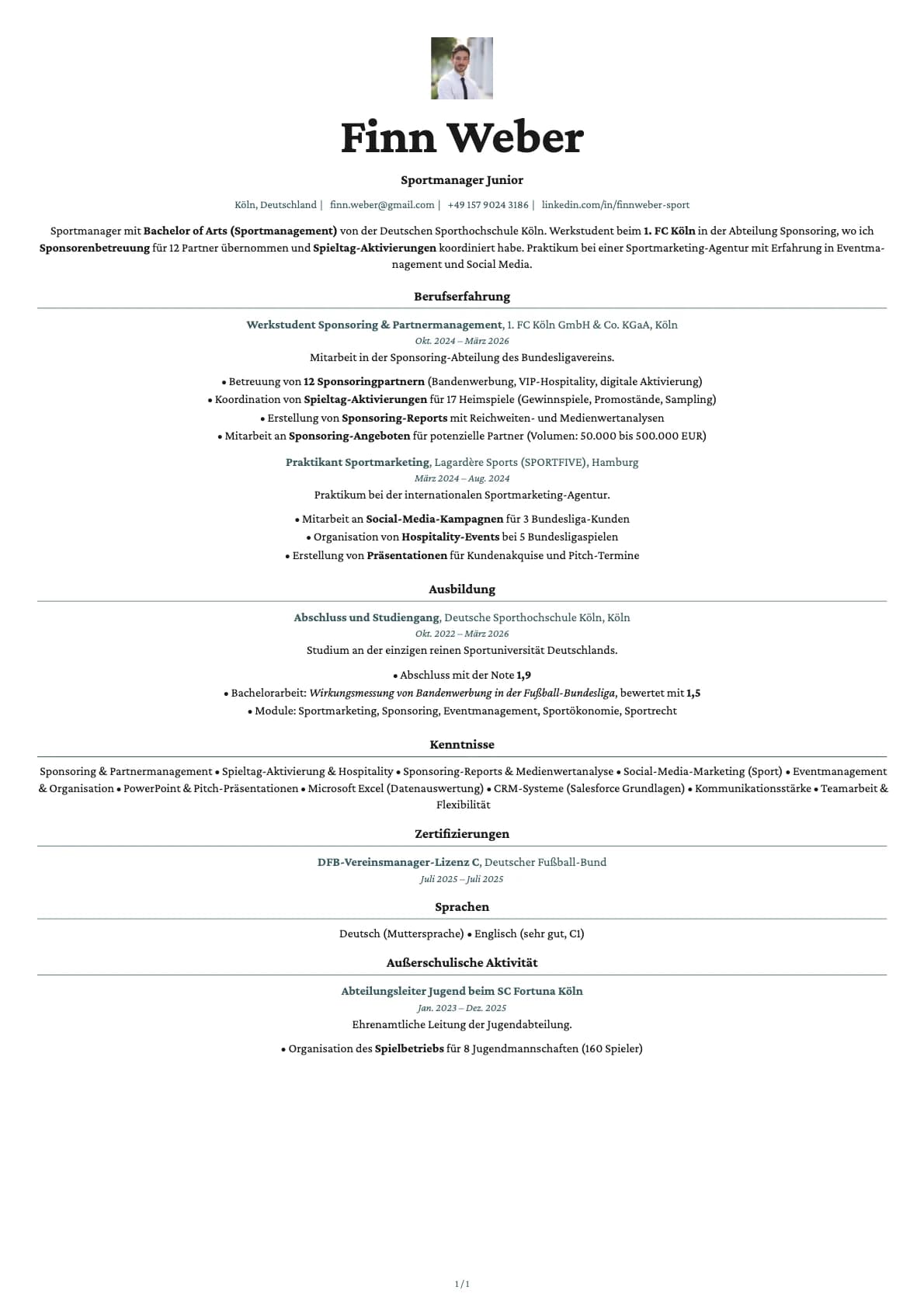 Sportmanager Junior resume example