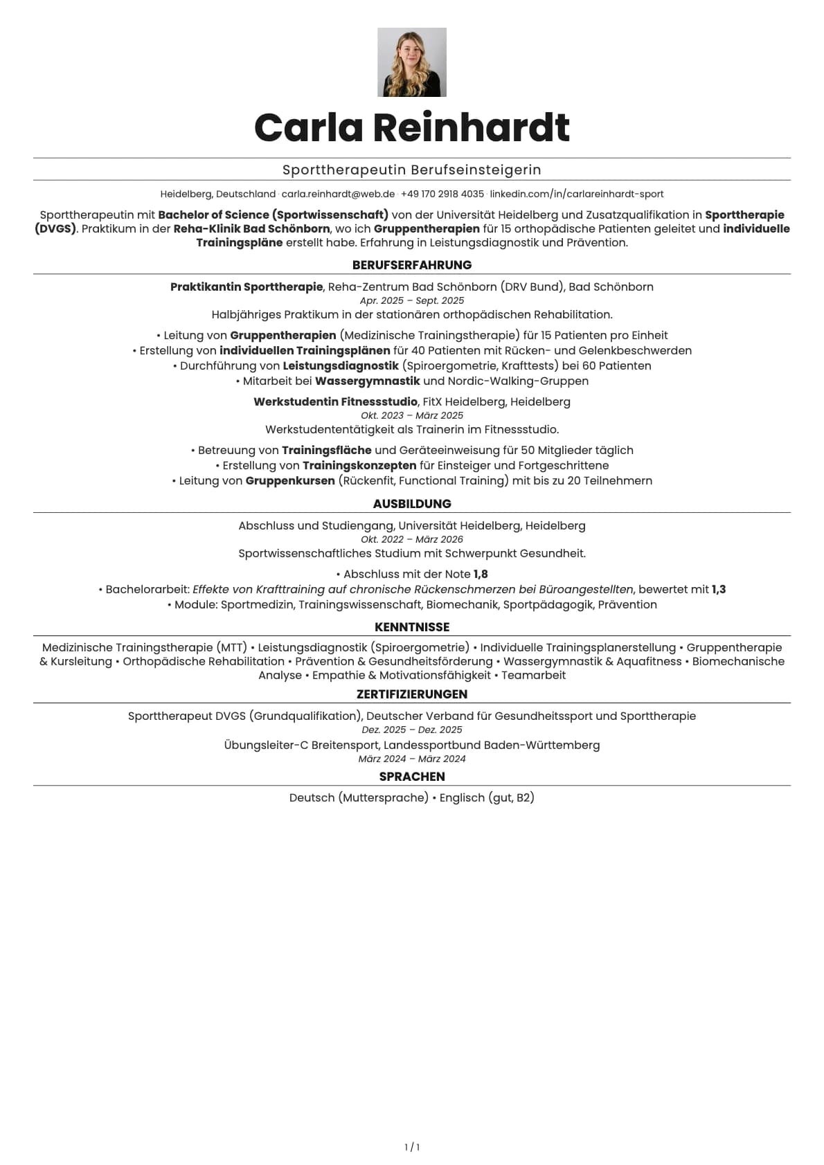 Sporttherapeut Junior resume example