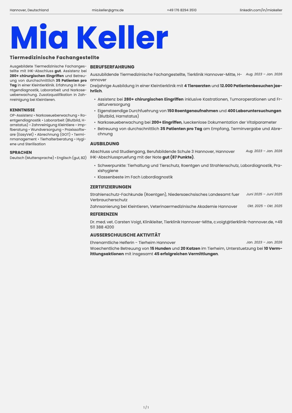 Tiermedizinische Fachangestellte resume example