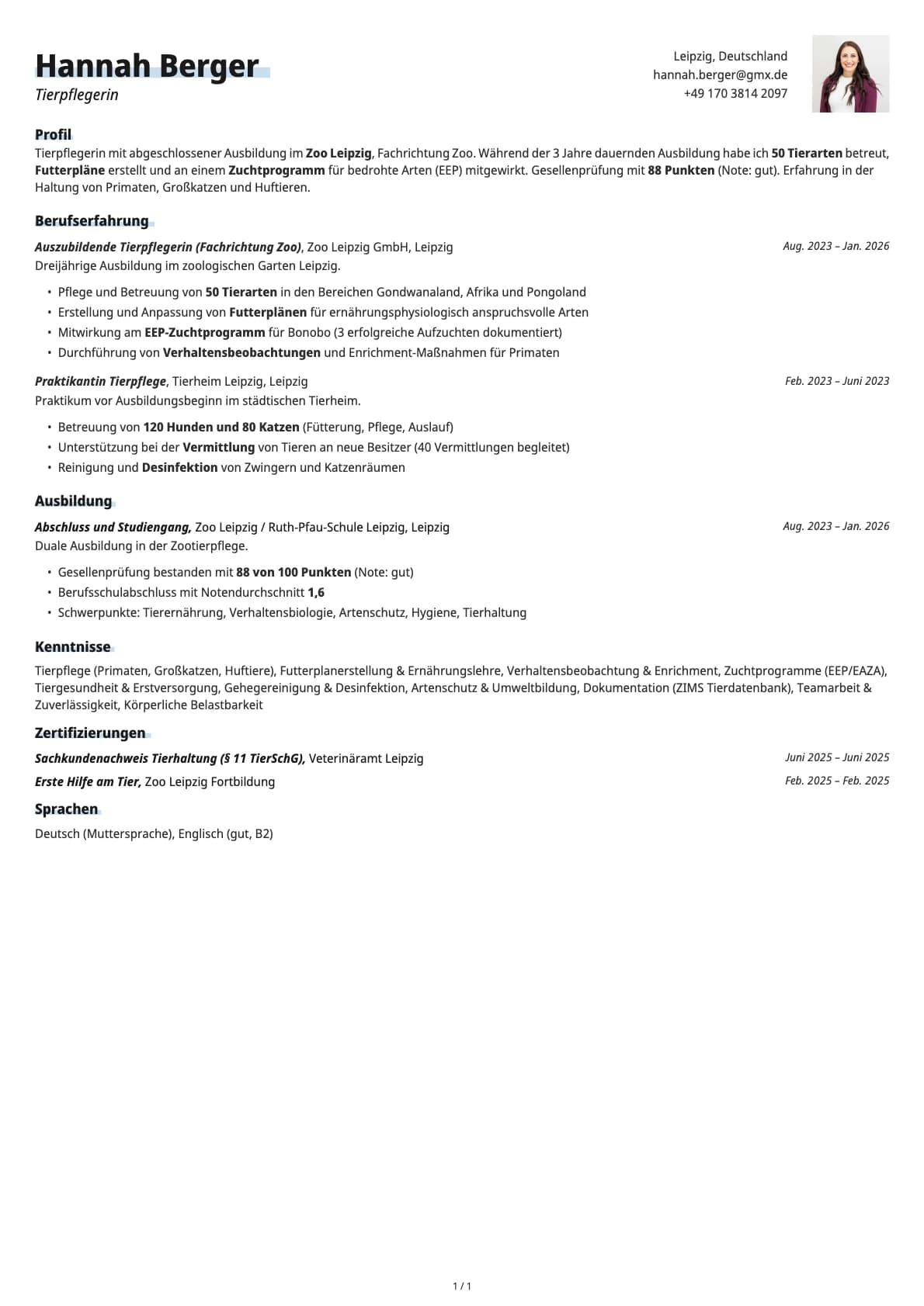 Tierpfleger resume example