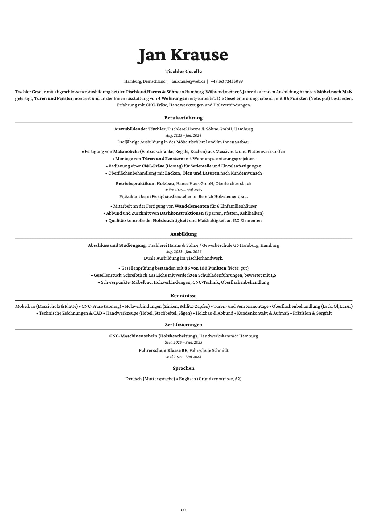Tischler Geselle resume example