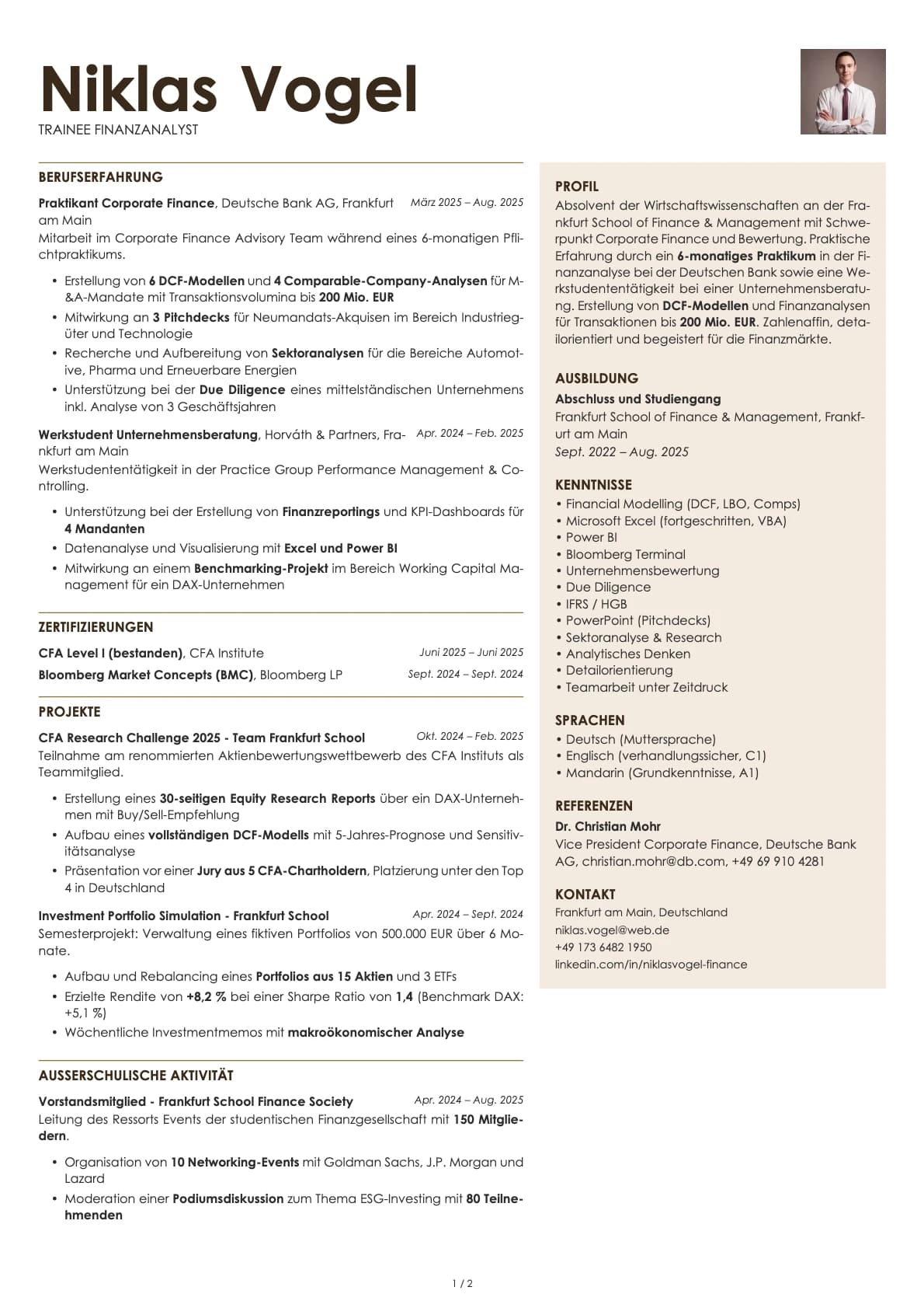 Trainee Finanzanalyst resume example