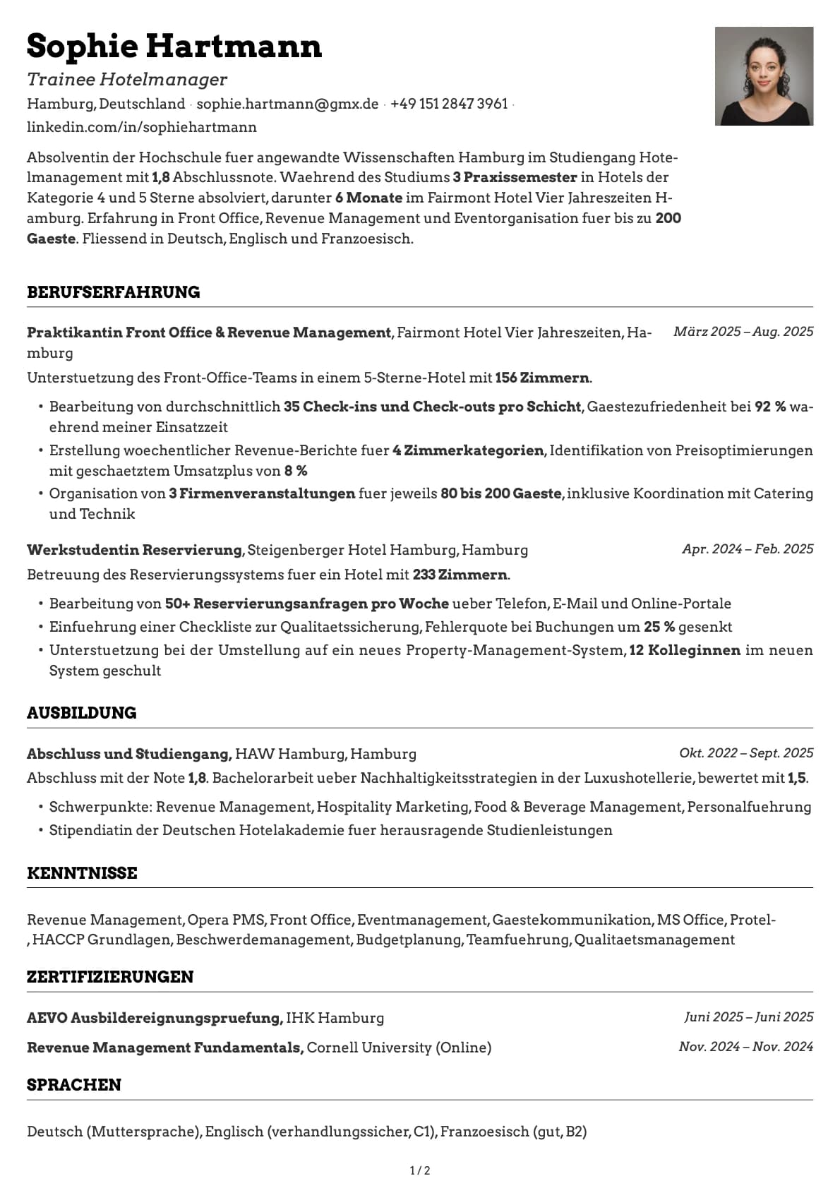 Trainee Hotelmanager resume example