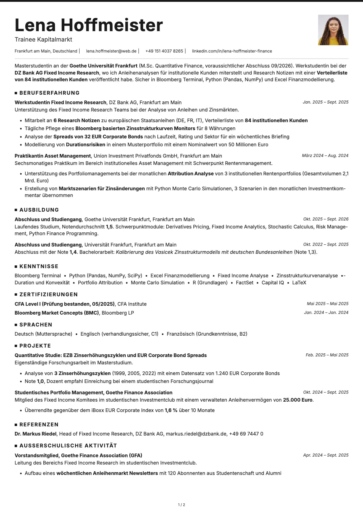 Trainee Kapitalmarkt resume example