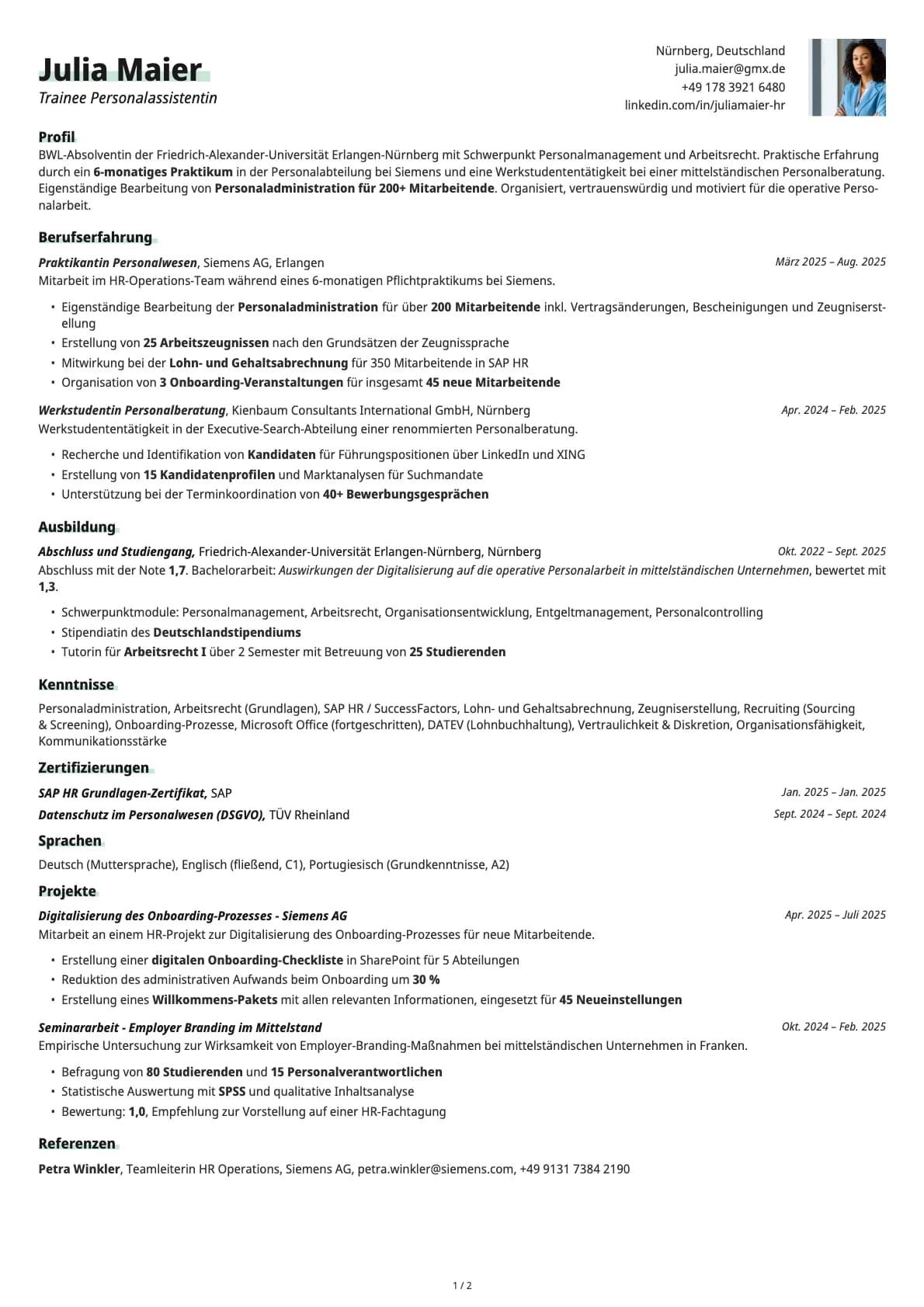 Trainee Personalassistent resume example