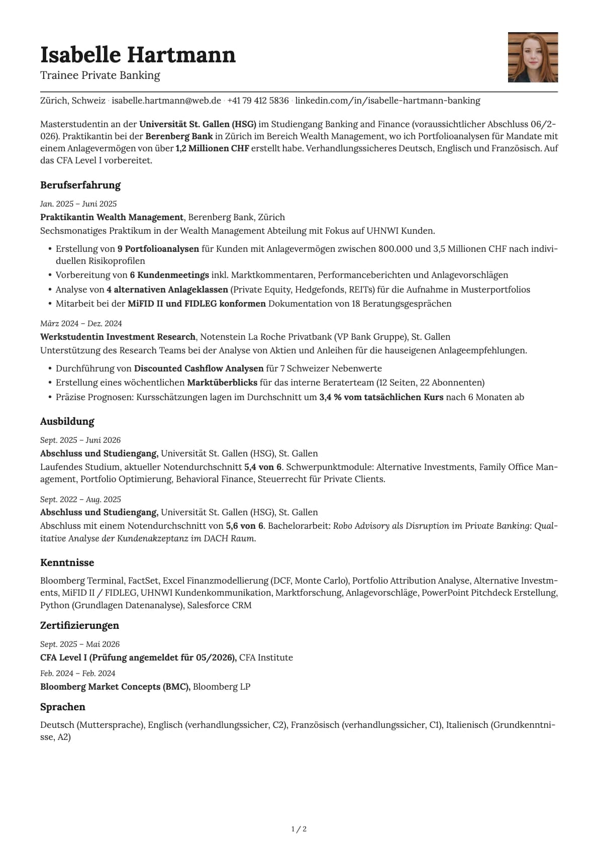 Trainee Private Banking resume example