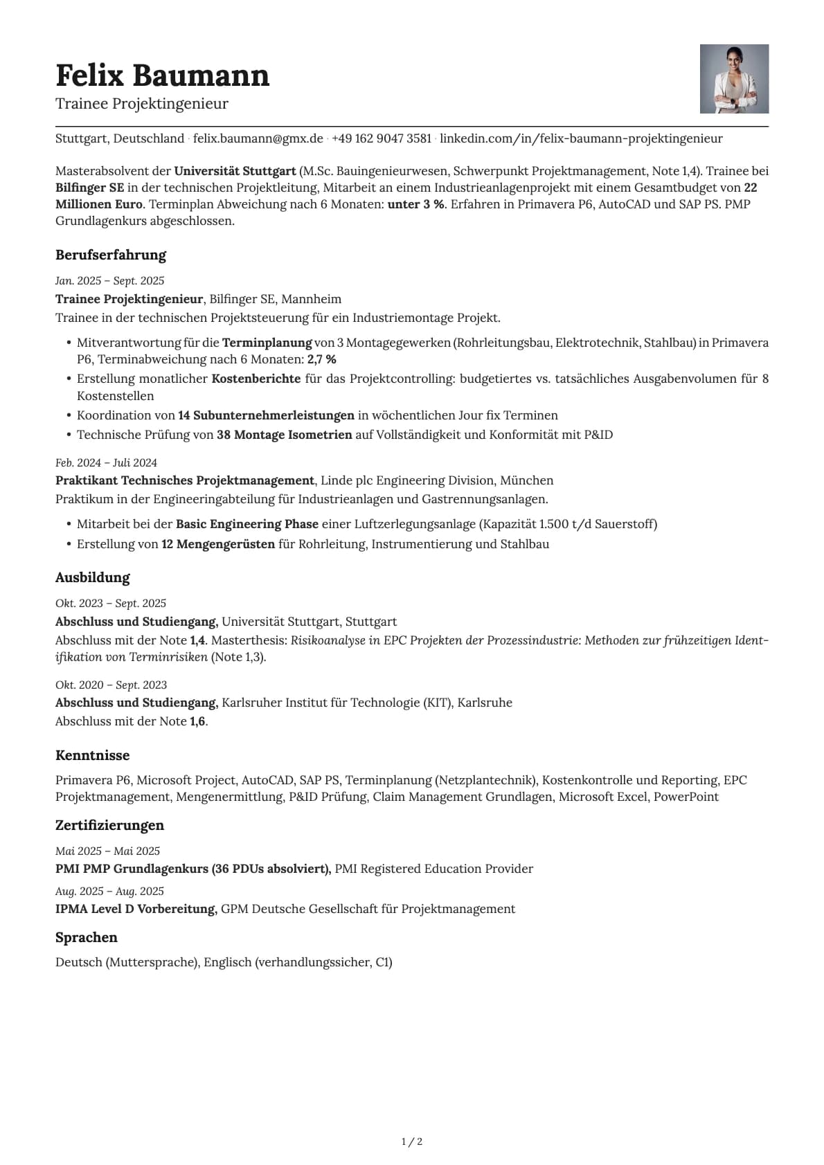 Trainee Projektingenieur resume example