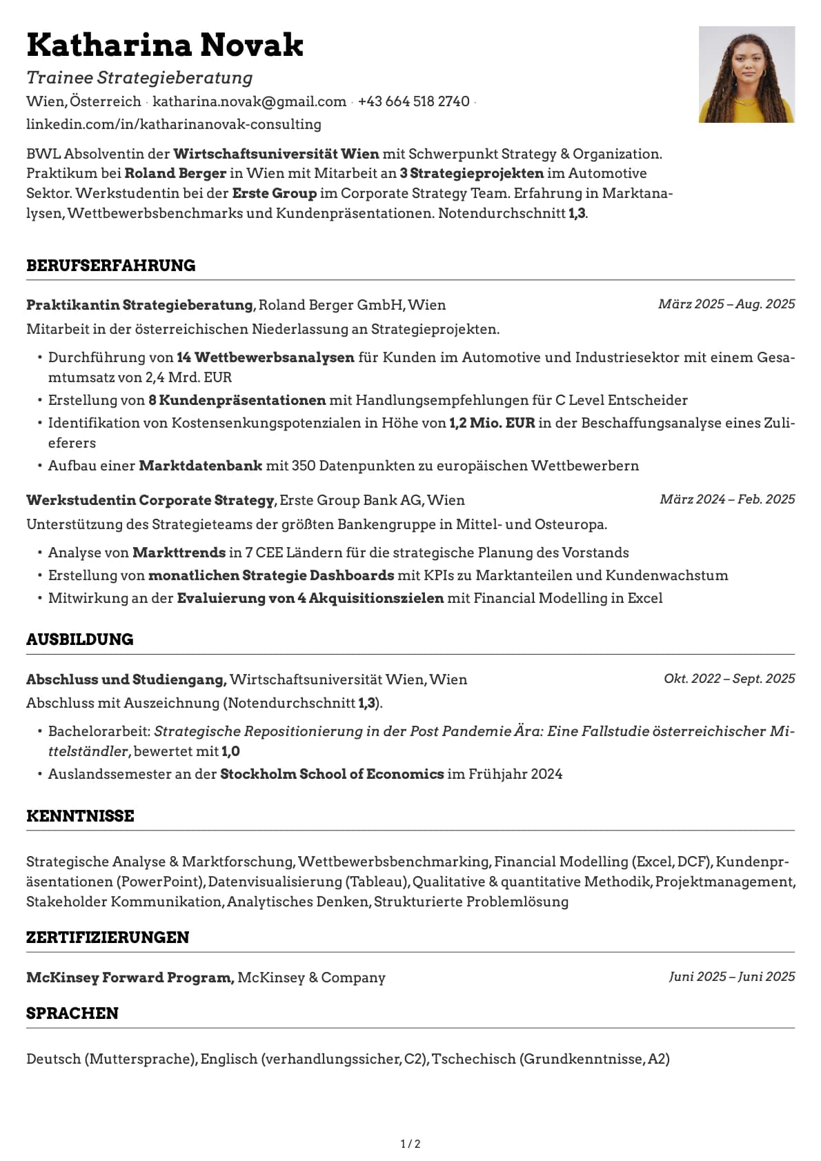 Trainee Strategieberatung resume example