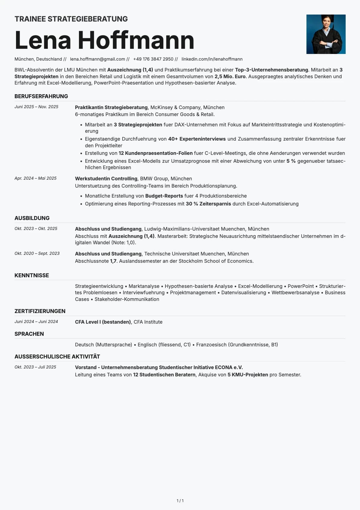 Trainee Strategieberatung resume example