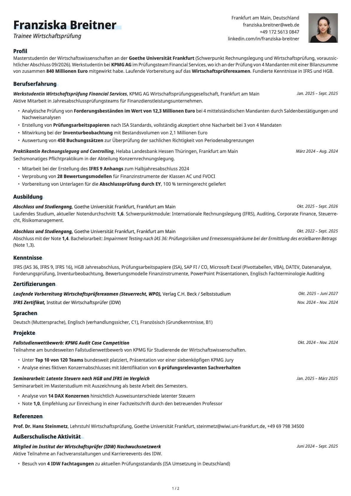 Trainee Wirtschaftsprüfung resume example