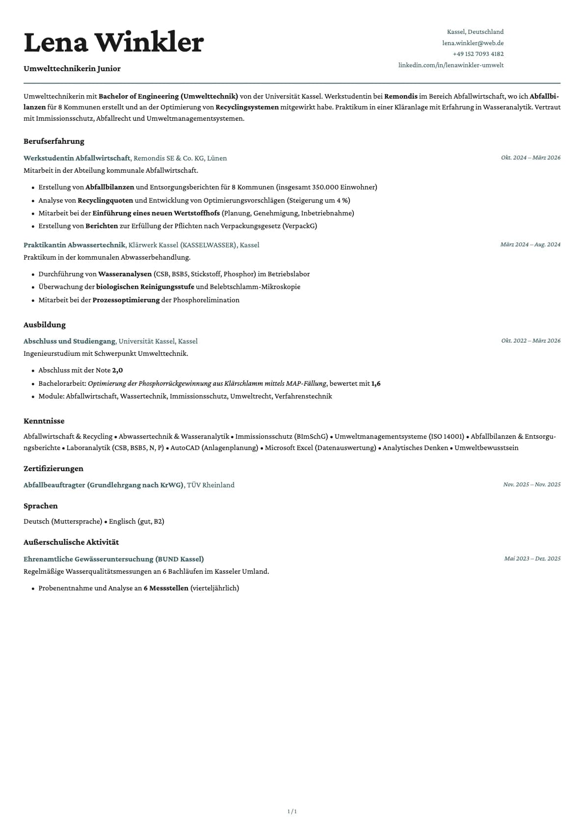 Umwelttechniker Junior resume example