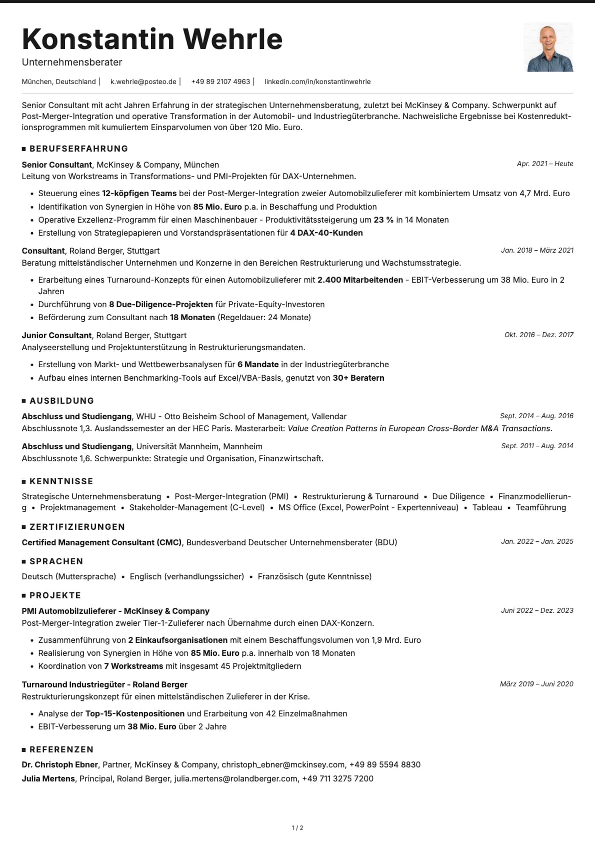 Unternehmensberater resume example