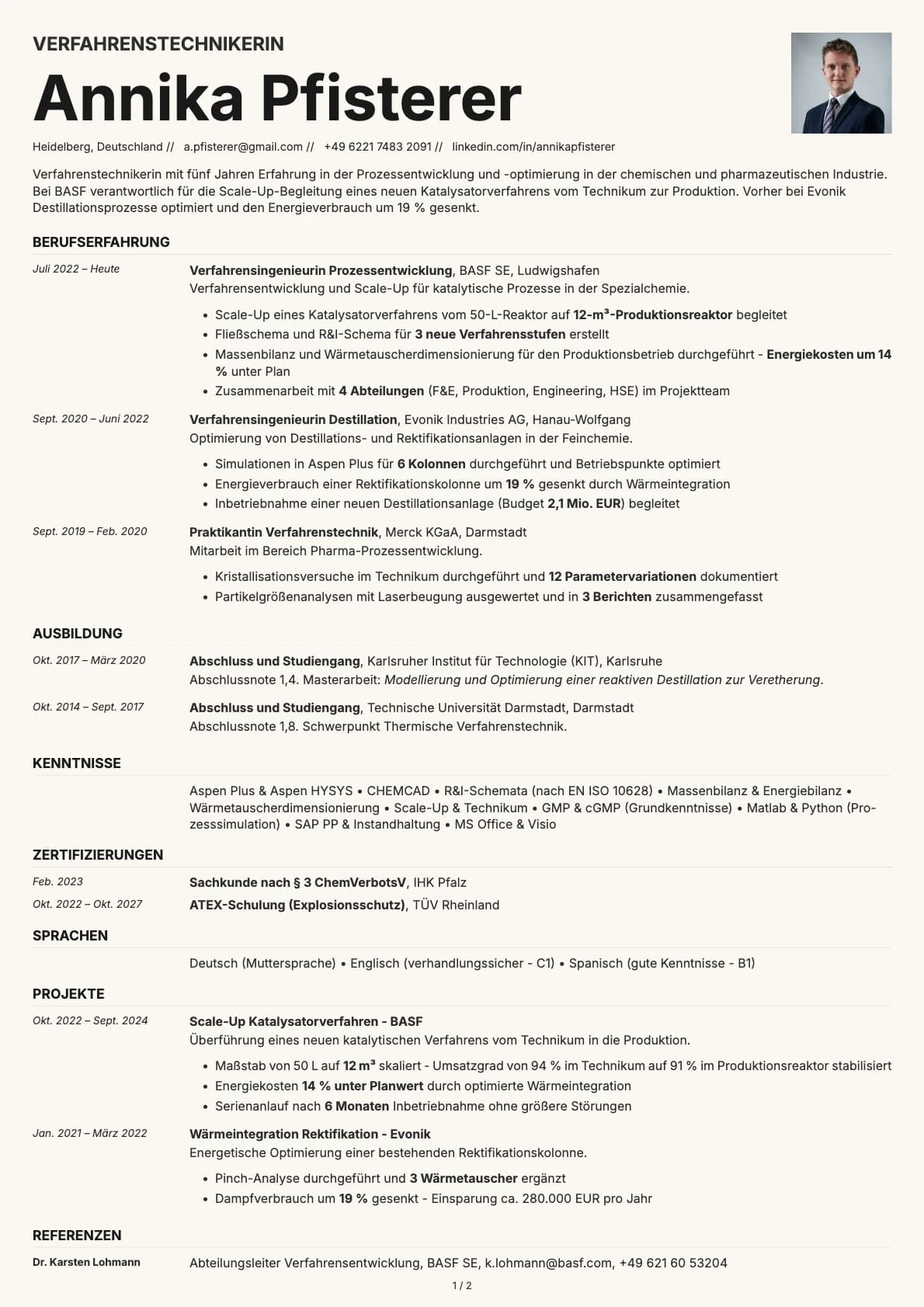 Verfahrenstechniker resume example